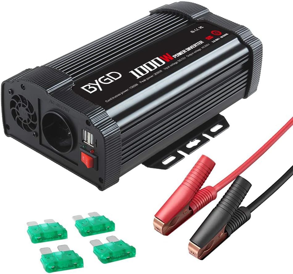 BYGD Inversor 1000W/2000W DC 12V a AC 220V 230V con 1 Toma de 2 Puertos USB para Coche, Electrónicos en Autocaravanas, Camper Furgoneta