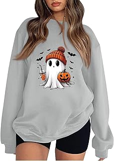 Keepink Halloween Sweatshirts for Women UK Cute Ghost Graphic Long Sleeve Jumpers Crewneck Pumpkin Spooky Season Sweaters Trendy Loose Fit Casual Funny Top Cosy Festive Pullover