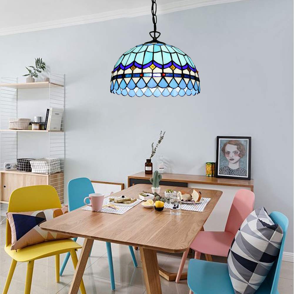 Nowoczesna lampa sufitowa LED, 40 cm, kopuła, z niebieskim szklanym kloszem Tiffany w stylu żeglarskim, lampa wisząca LED, do kuchni, salonu, stodoły, restauracji.