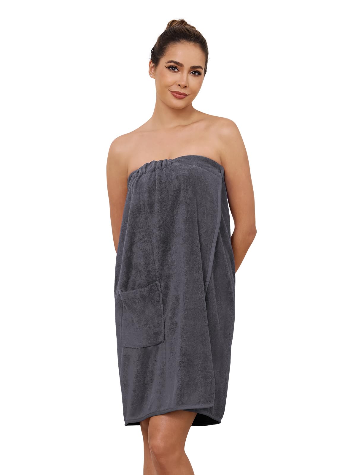 AMVELOP Womens Knee Length Wrap Towel,Button Bath Robe Adjustable Closure,Lightweight Spa Bathrobes With Pocket