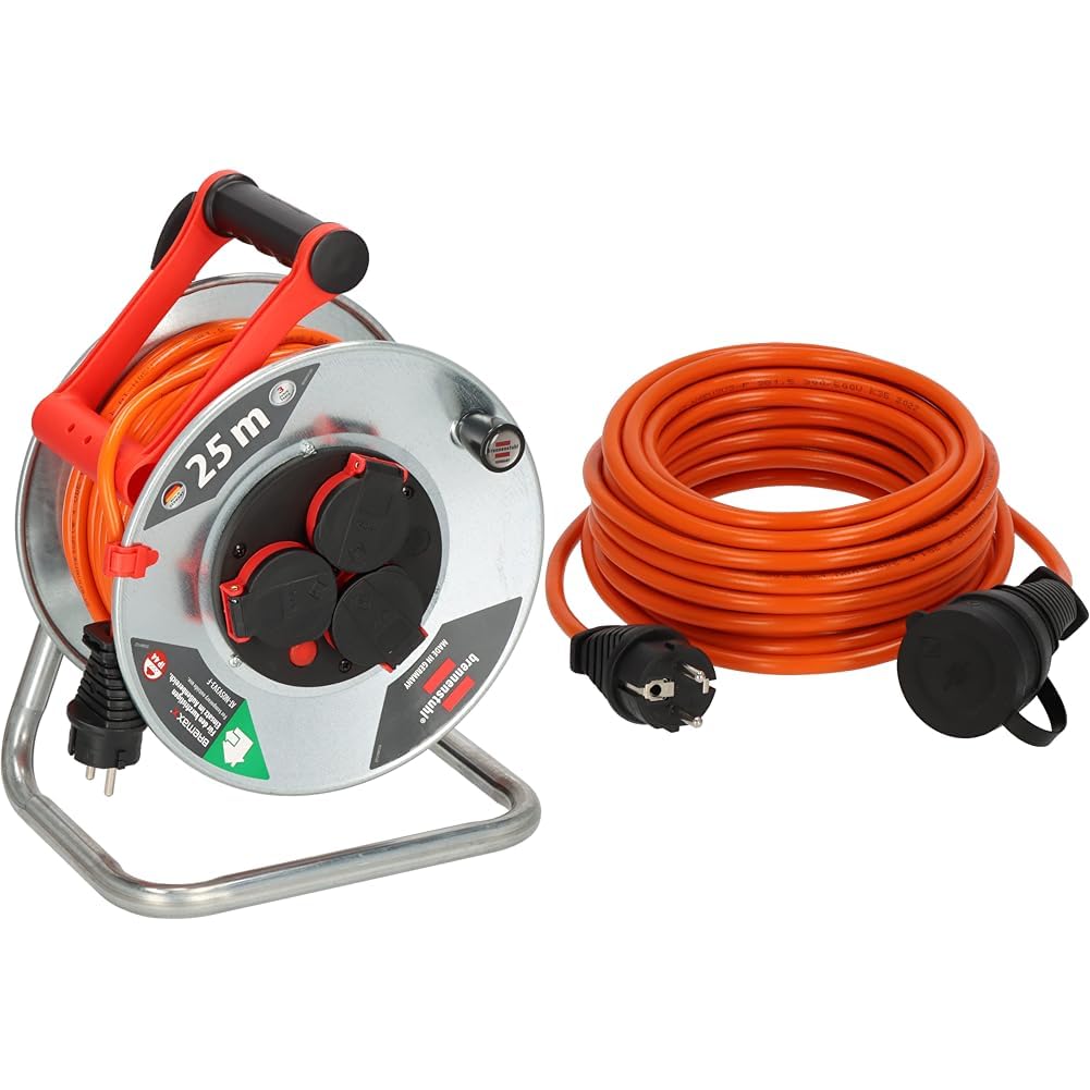 Brennenstuhl Garant S V2 IP44 Kabeltrommel 25m Outdoor & BREMAXX Verlängerungskabel (10m Kabel in orange, für den Einsatz im Außenbereich IP44, Stromkabel einsetzbar bis -35 °C, öl- und UV-beständig)