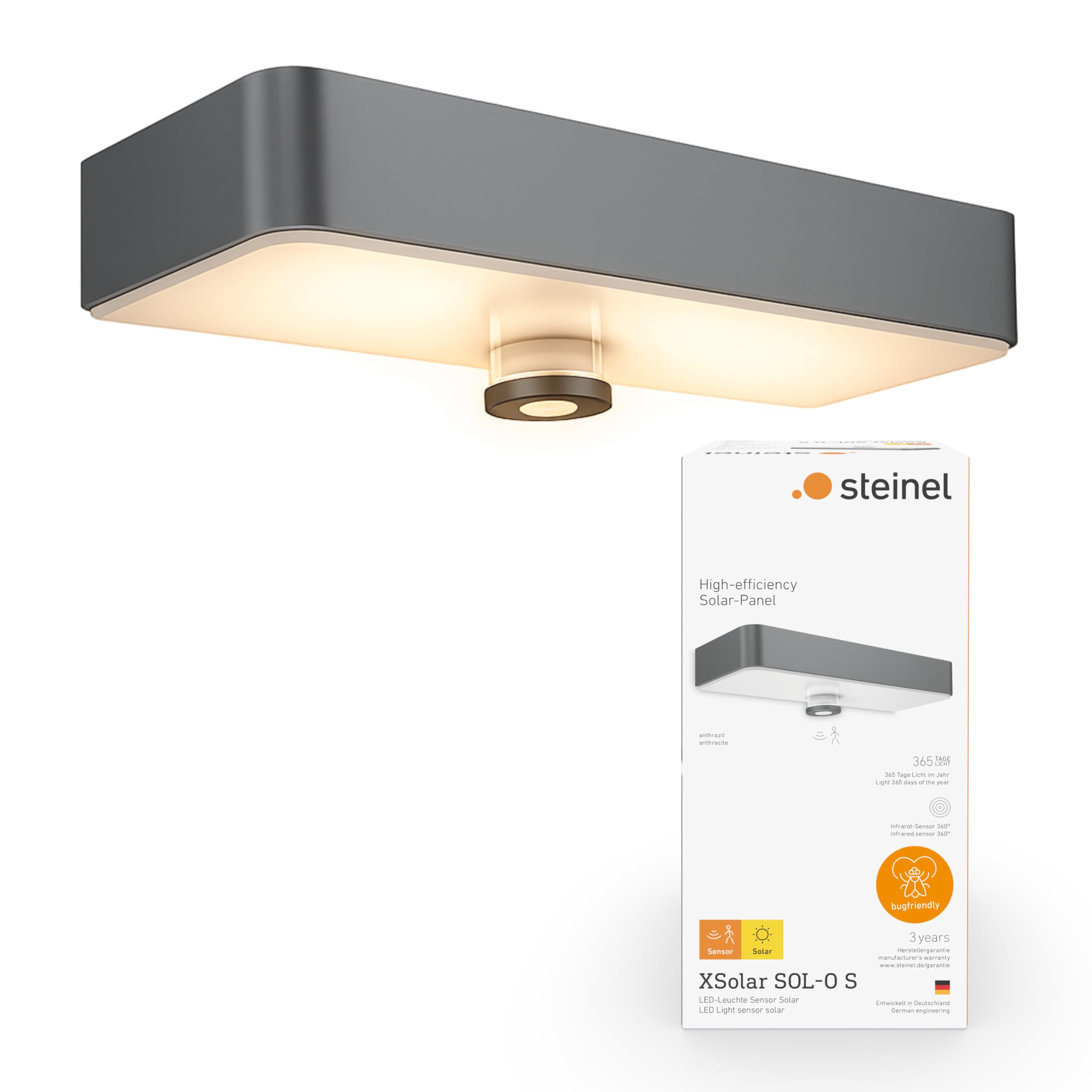 Steinel Solarleuchte XSolar SOL-O S 1800 K, Insektenfreundliche Außenleuchte, 360° Bewegungsmelder, 4000 mAh Akku, Softlichtstart, Nachtlicht, Downlight