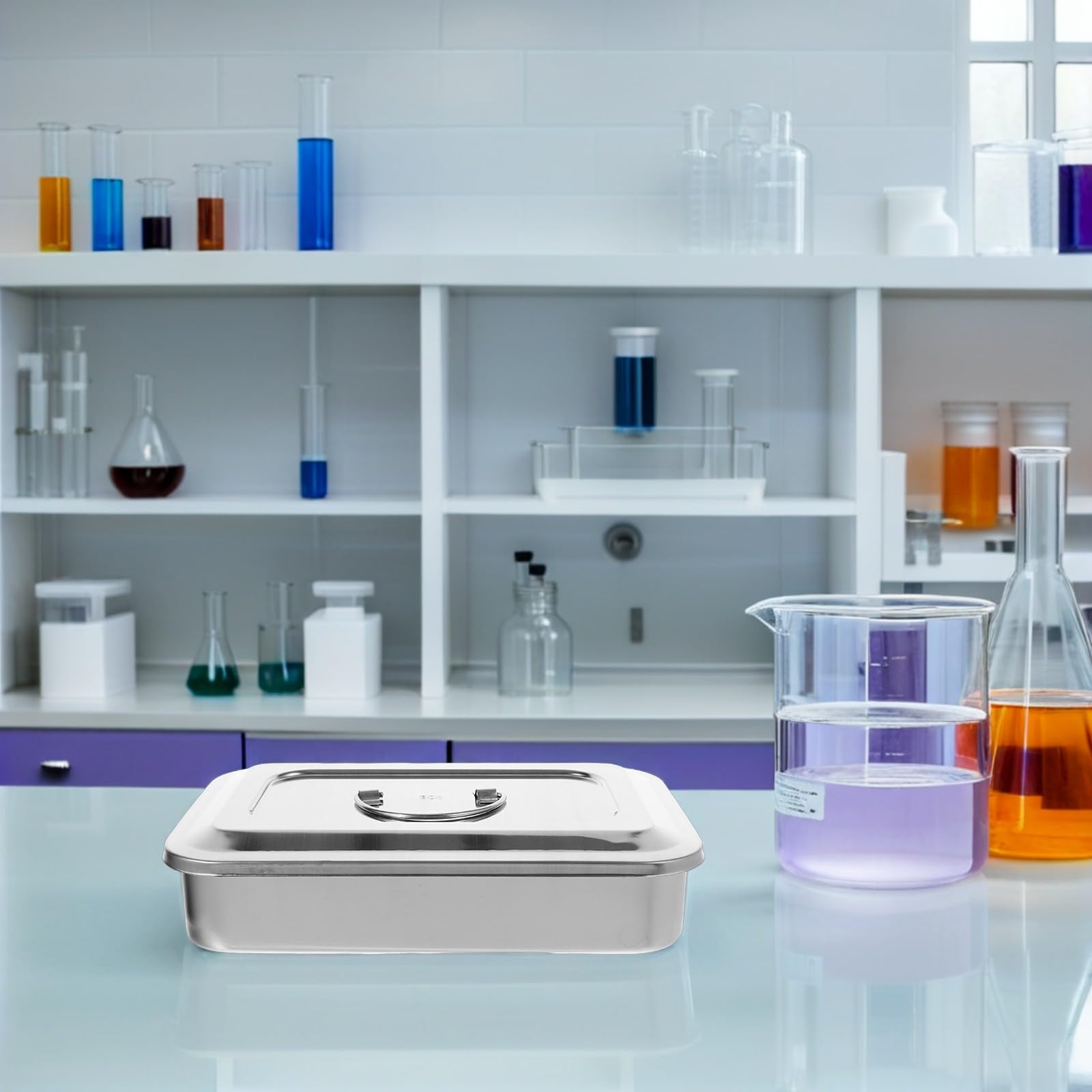 Vassoio Quadrato in Acciaio Inox per Strumenti con Coperchio Vassoio da Laboratorio per Conservare Strumenti e Campioni in Ambienti Igienici