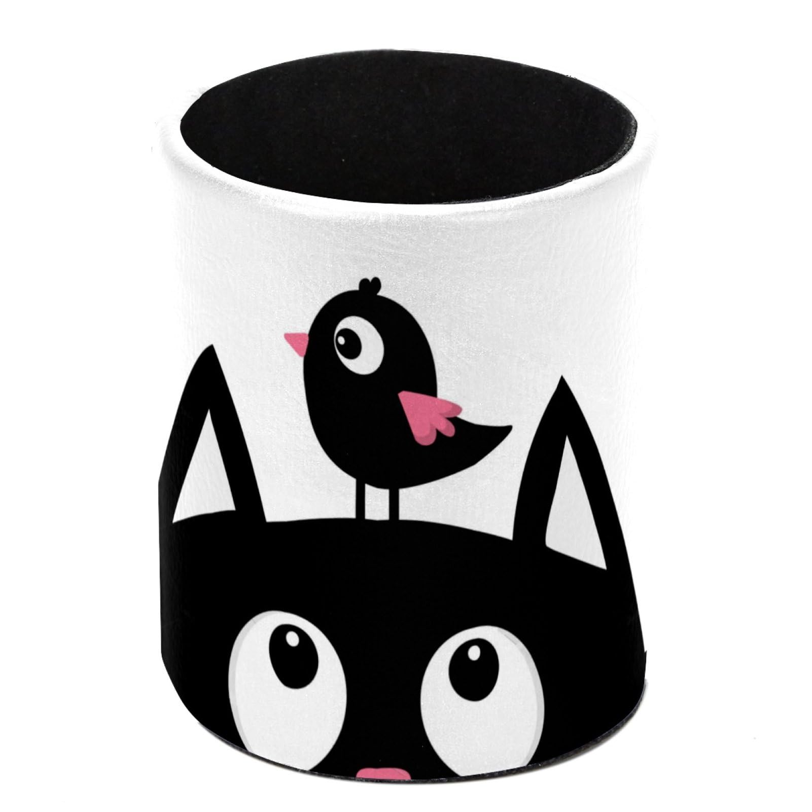 Luoweisi Black Cat and Bird Pen Holder for Desk, Leather Pen Pot, Desk Pencil Holder Round Makeup Organiser Home Office School Suppliers