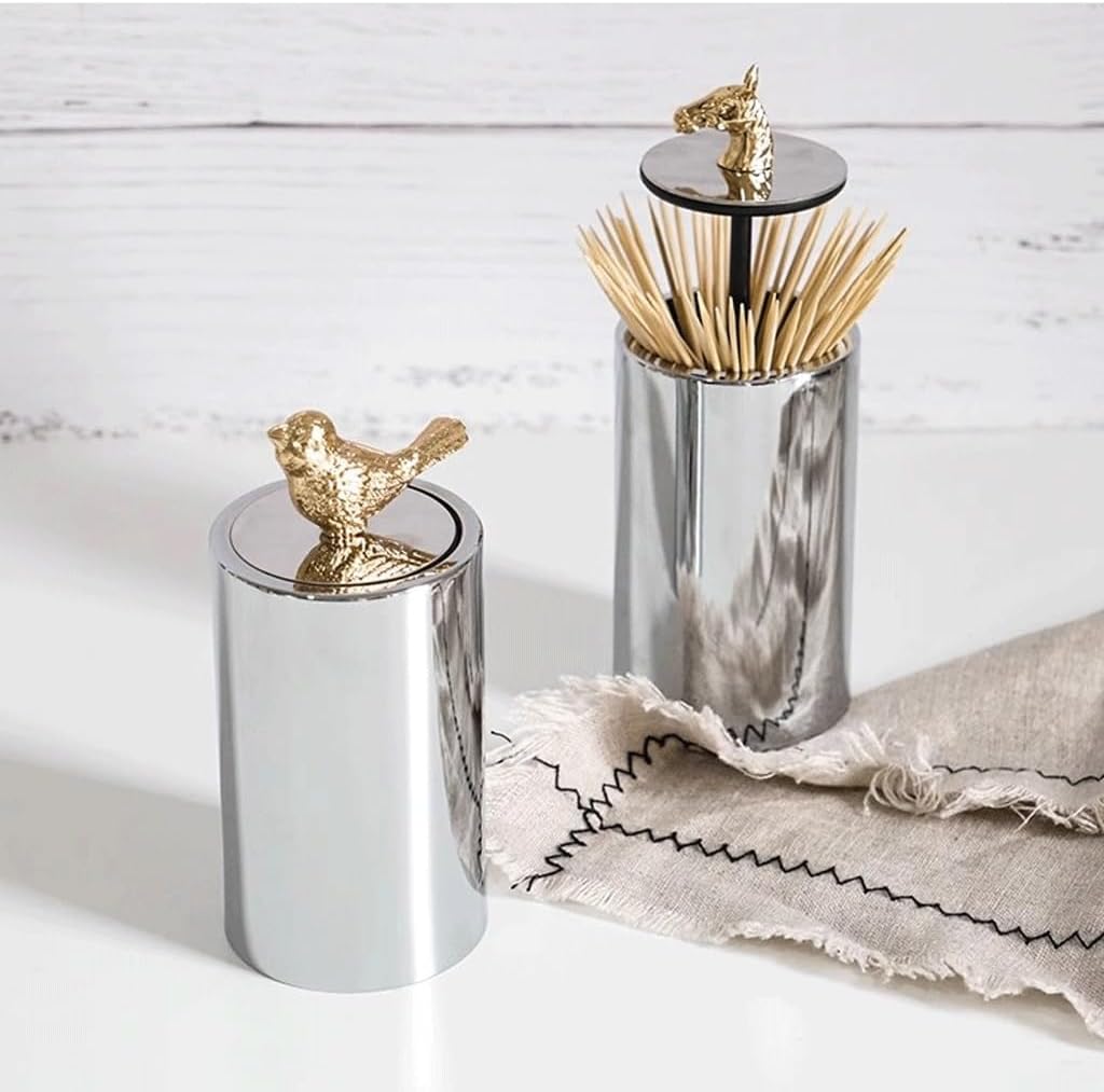 thalo Toothpick Dispenser Push-Type Toothpick Holder Box Jar Silver Simple Home Living Room Tabletop Ornaments Tooth Picks Container Case(A)