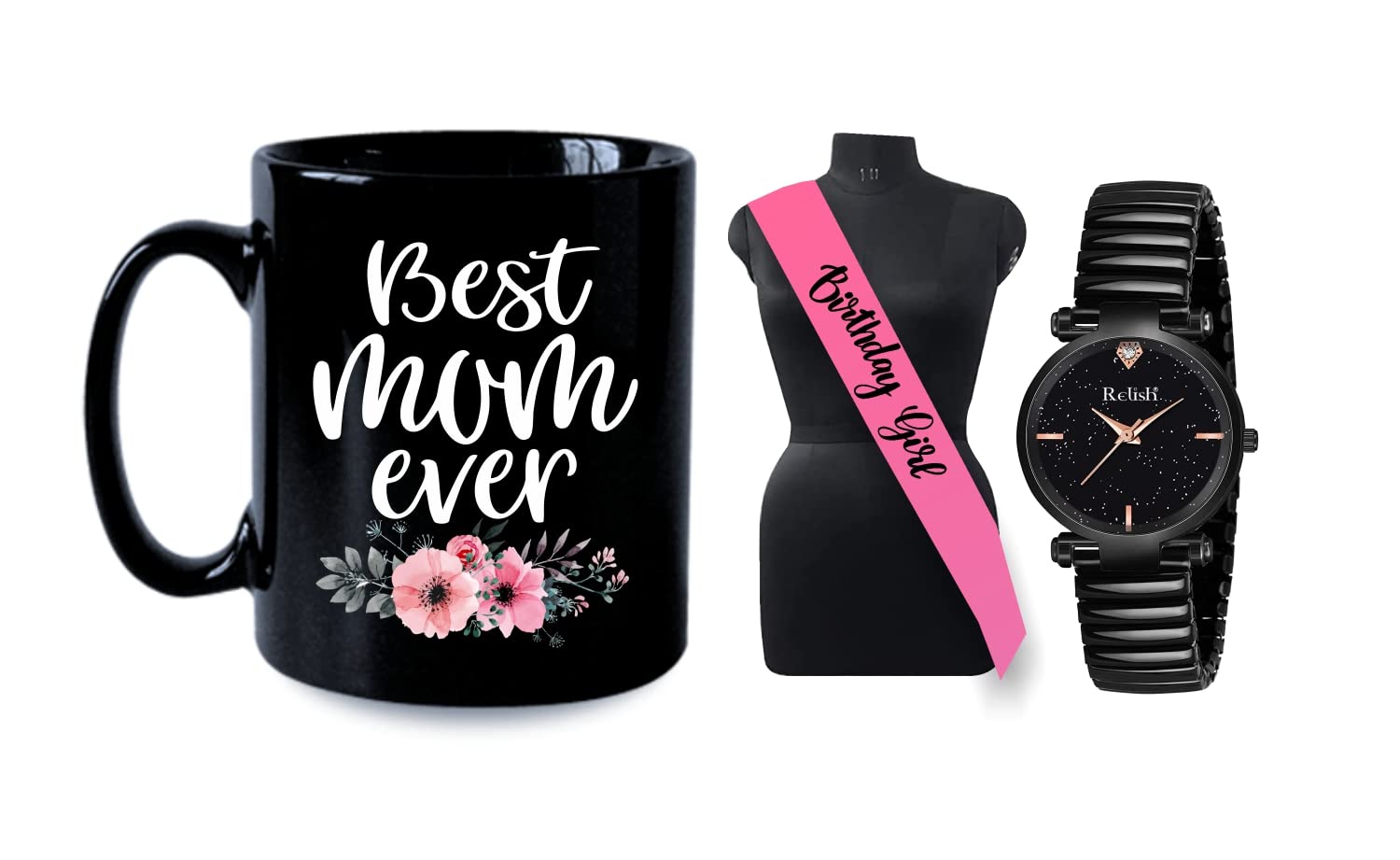 Relish Gift for Mom (Pack of 3), Black Elastic Band Strap Analogue Watch & Best Mom Ever Printed Ceramic Coffee Mug & Birthday Girl Sash (B0C57597HV) Amazon Price History, Amazon Price Tracker