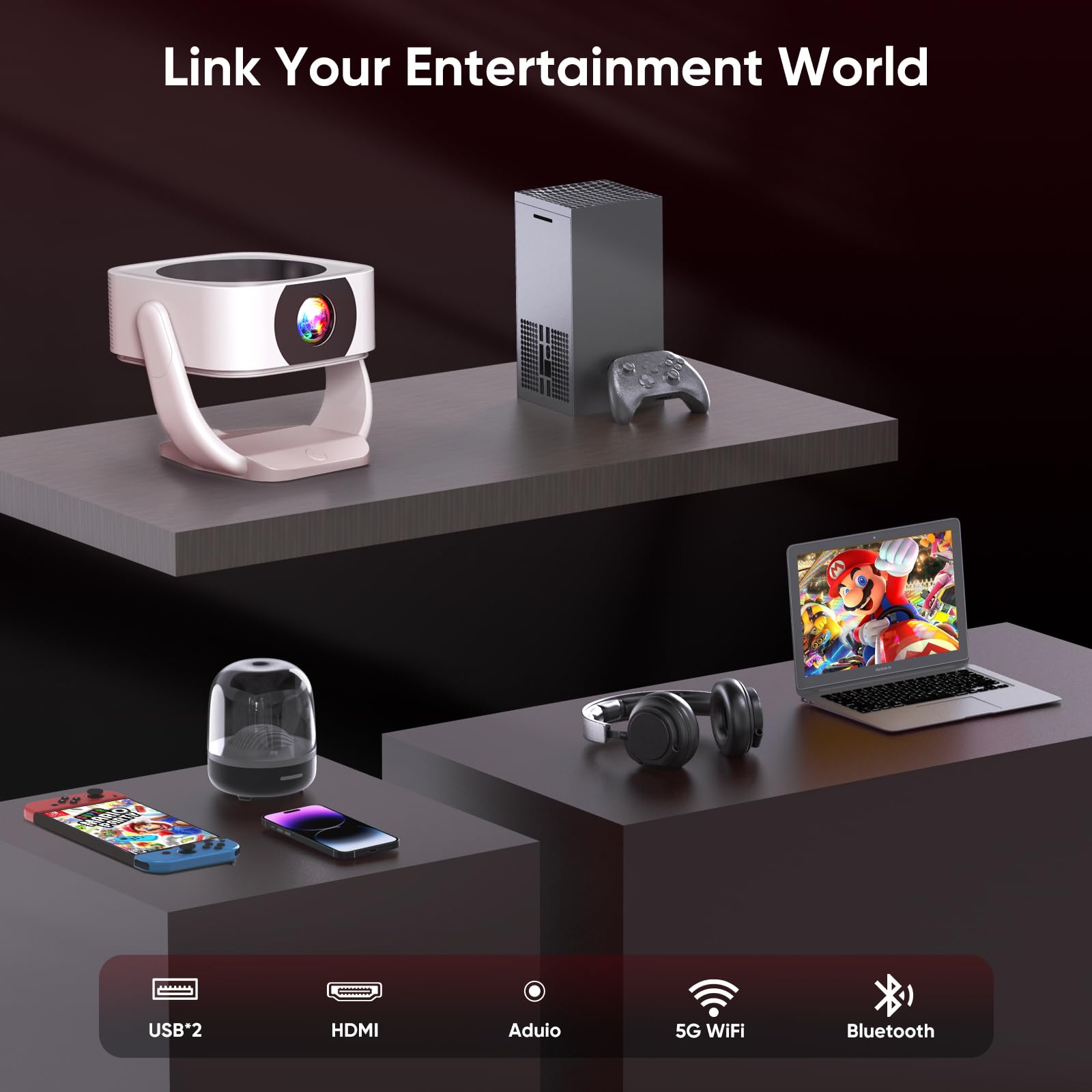 [Built-in Apps] Beamer, E-Fokus/Auto Trapezkorrektur Mini Beamer 4K Native 1080P, WiFi Buetooth Tragbar 50% Zoom 270°Drehbar Projektor für Heimkino/Outdoor, Kompatibel Mit Laptop/Smartphone/Maus