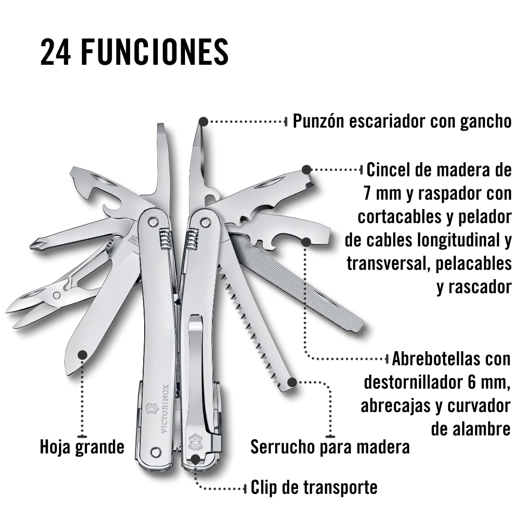Victorinox Navaja suiza de bolsillo Swiss Tool Spirit MX Clip, 24 funciones, multiherramienta incl. alicate, destornillador, abrelatas, color plata