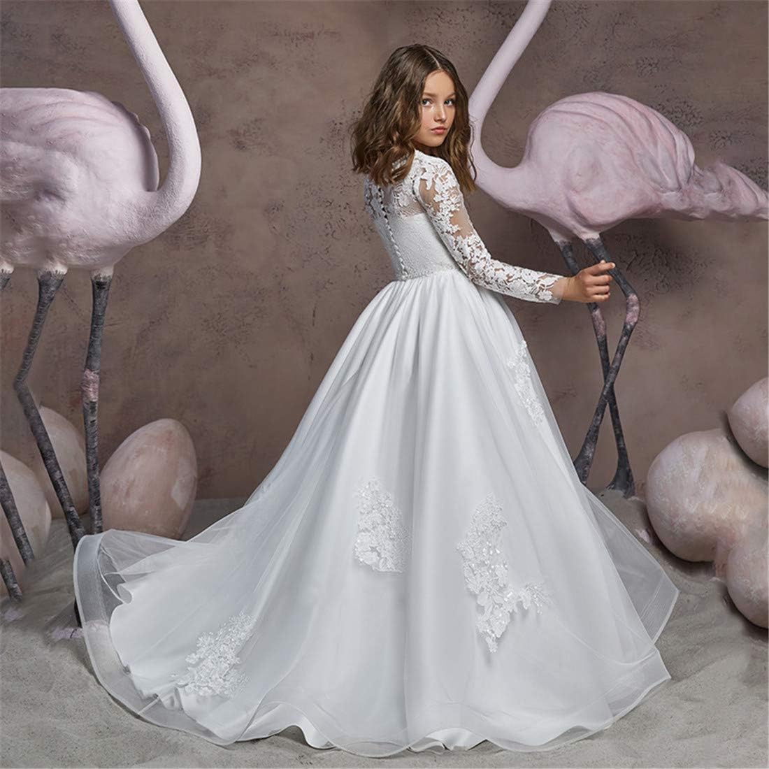 LECOYOYO Pizzo Ricamo Fiore Ragazza Abiti Tulle Manica Lunga Primo Comunione Abiti