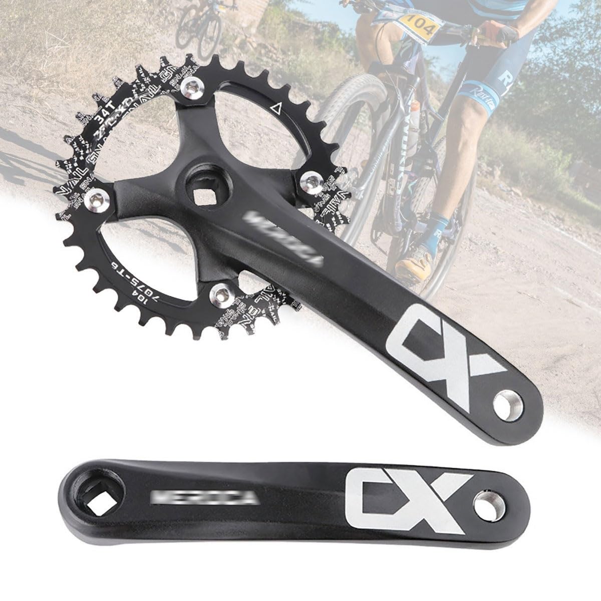 HZXQCVB 170mm Square Taper MTB Crankset Mountain Bike Single Speed Crankset 104 32T/34T/36T/38T/40T/42T Chainring And Bolts Bicycle Crank Arm Set(Svart,34T)