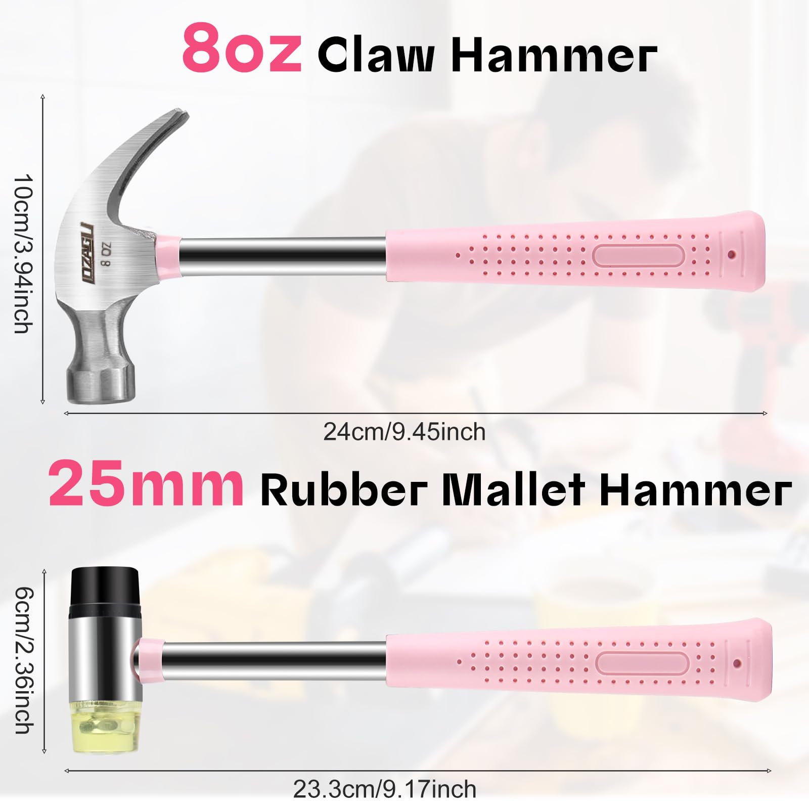 Martillo de 8 onzas, juego de 2 martillos pequeños y martillo de goma (rosa)
