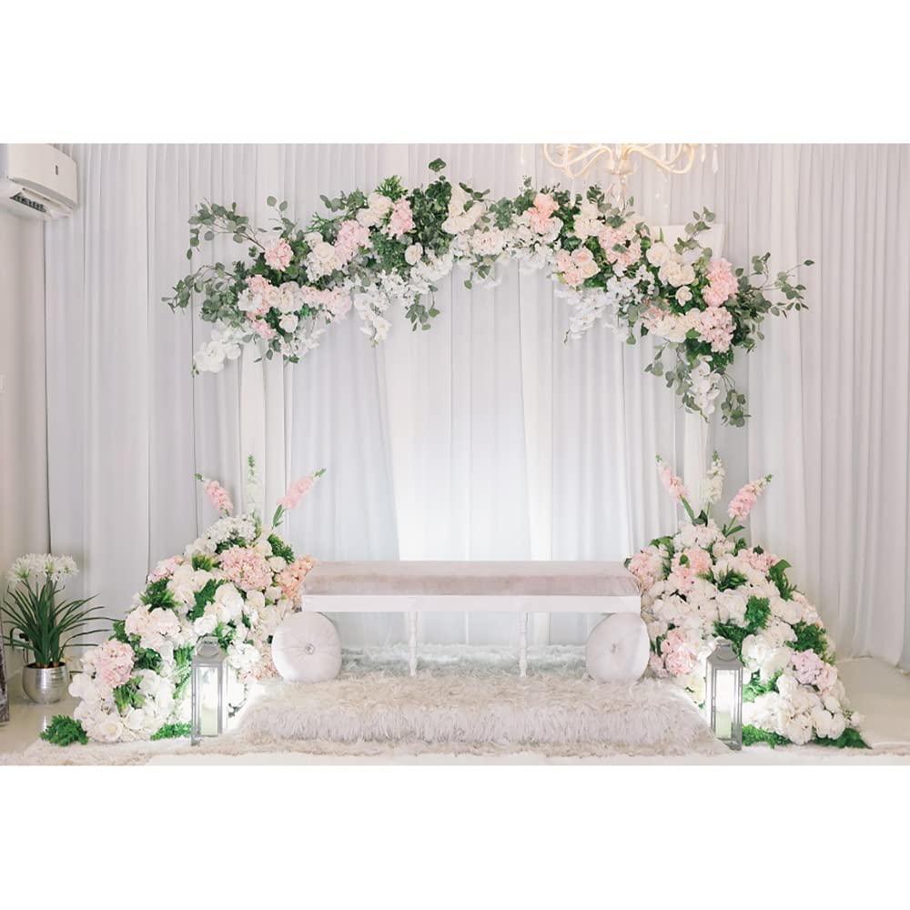 Aoihrraan 3x2m Mariage Toile De Fond Rideau Blanc Floraison Fleur Glycine Verte Rose Floral Chaise Photographie Douche Nuptiale Anniversaire Proposition Fête Saint Valentin Portrait Studio Photo