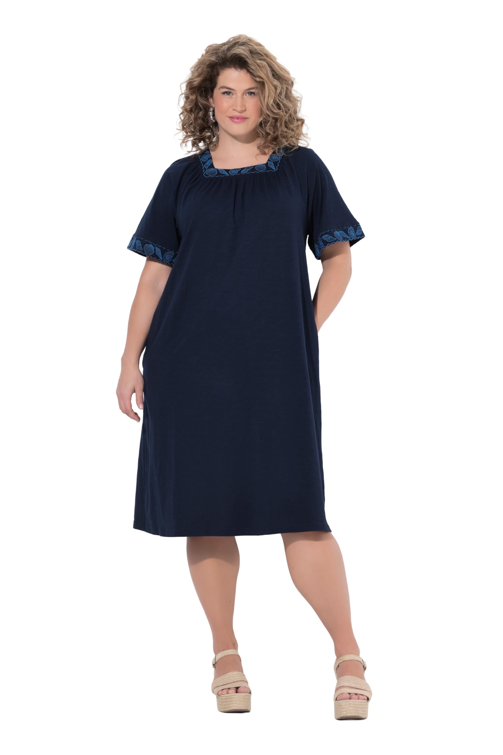 Ulla Popken Damen große Größen Übergrößen Plus Size Midikleid, Stickerei-Bordüre, Carré-Ausschnitt, Flügel-Halbarm 847688