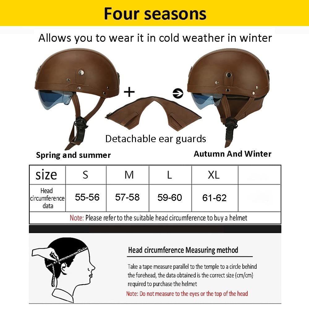 Retro Motorrad Halbhelme Leder Halbhelm Deutscher Stil Roller Cruiser Chopper Anti-Collision Helm Abnehmbarer Gehörschutz mit Visier ECE Zertifiziert
