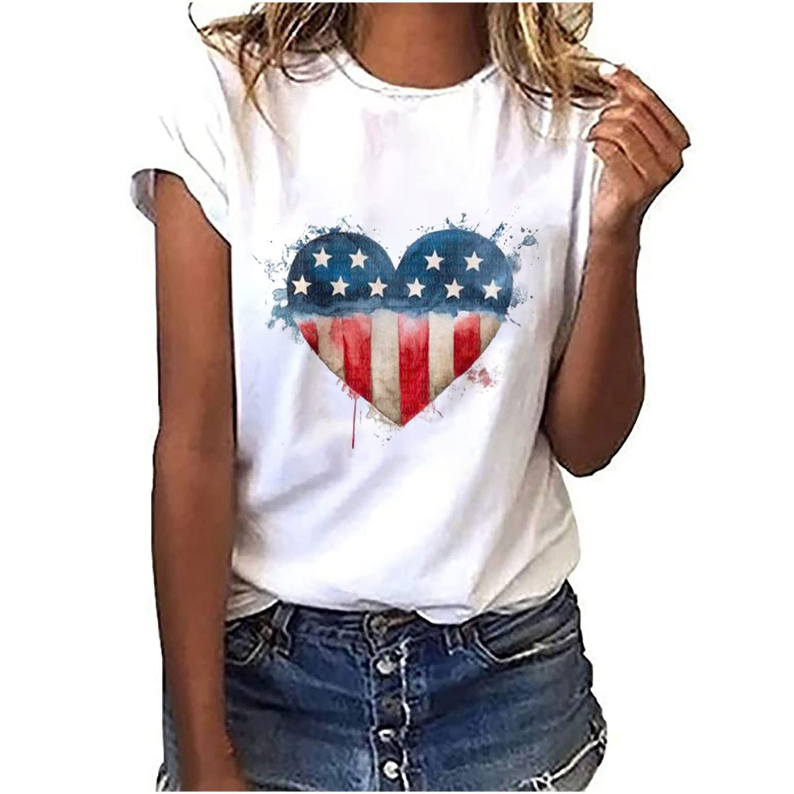 Womens Short Sleeve Tops Independence Day Shirts Cute USA Flag Heart Graphic Tees T-Shirt American Flag Print Tshirt