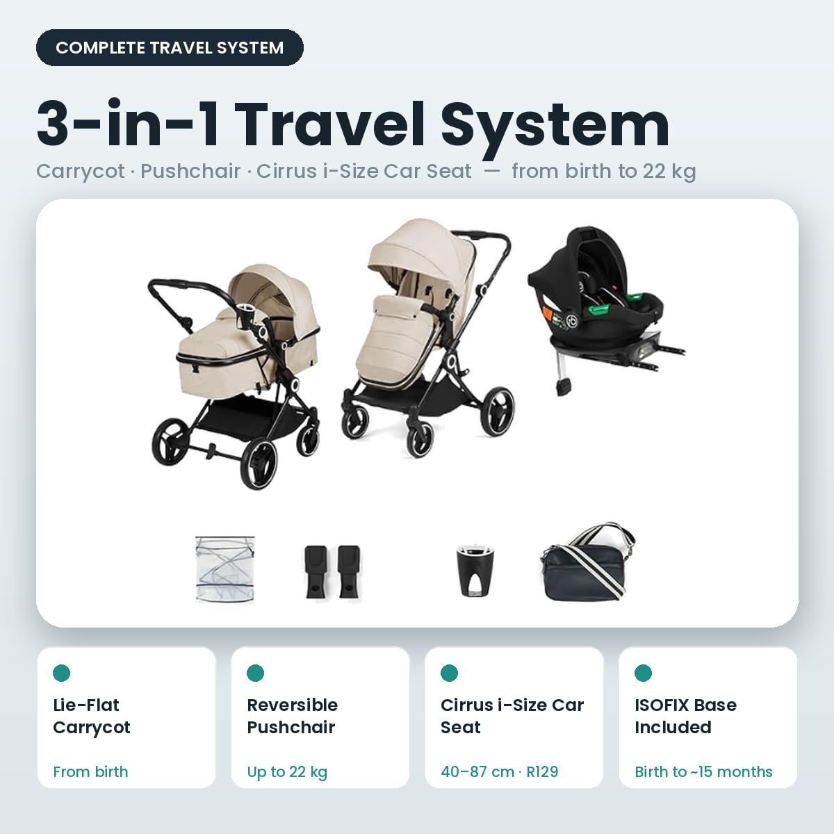 Ickle Bubba Atom All-in-One i-Size Travel System, 3-in-1 Kinderwagen mit Cirrus Autositz & ISOFIX Basis, geeignet von Geburt an bis 22kg, kompakter & leichter Kinderwagen (Stein)