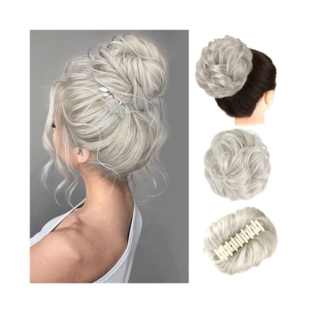 mengli-99 Hair Bun Hairpiece Synthetic Messy Hair Bun Chignon Claw Clip in Hair Piece Wavy Curly Ponytail Extensions Women Chignon(Gris)