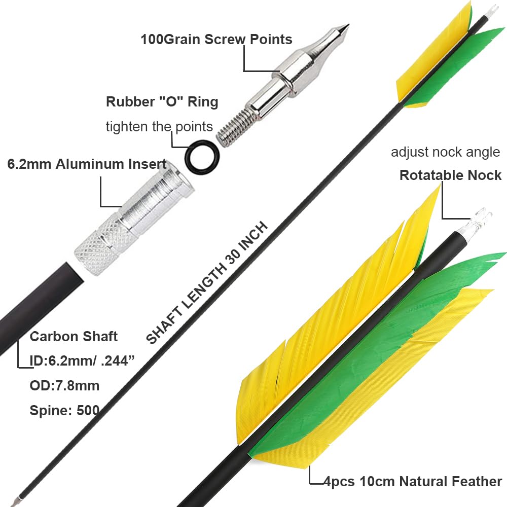 12 Stück 30 Zoll Carbonpfeil Flu-Flu Pfeil mit 4pcs Truthahnfedern Befiederung 500 Spine Jagd Zielpfeil für Bogenschießen Compound Bogen Recurve Bogen