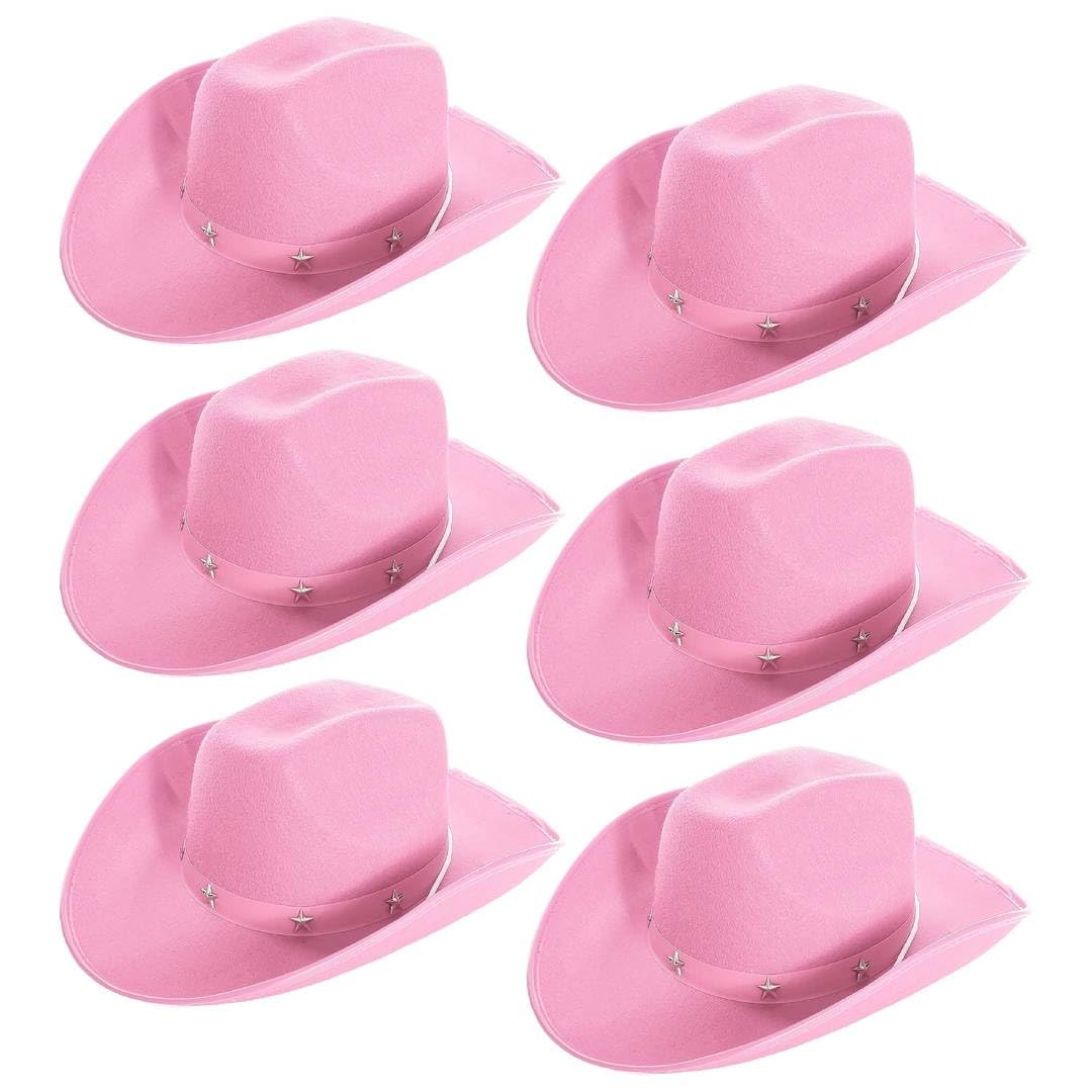Adults Star Studded Cowboy Hat - Pack of 6 - Pink Felt Western Style Hat with Decorative Star Studs - Classic Wild West Fancy Dress Costume Accessory for Parties Festivals Cosplay Cowgirl Events