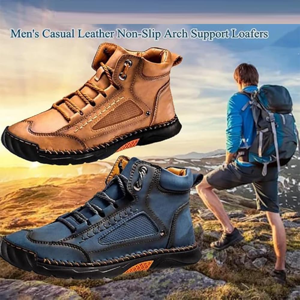 Men's Comfortable Handmade Leather Boots – Waterproof, Arch Support, Pressure Relief, Spacious Toe Box Outdoor Leather Shoes, Non-Slip Hiking Work Trekking Boots
