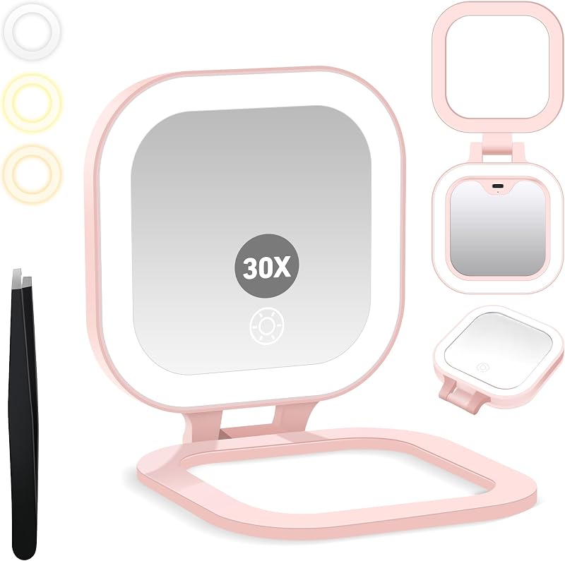 Espelho de viagem GOMIPURU com luz, dupla face 1x/30x, 3 cores de iluminação e brilho ajustável, rosa