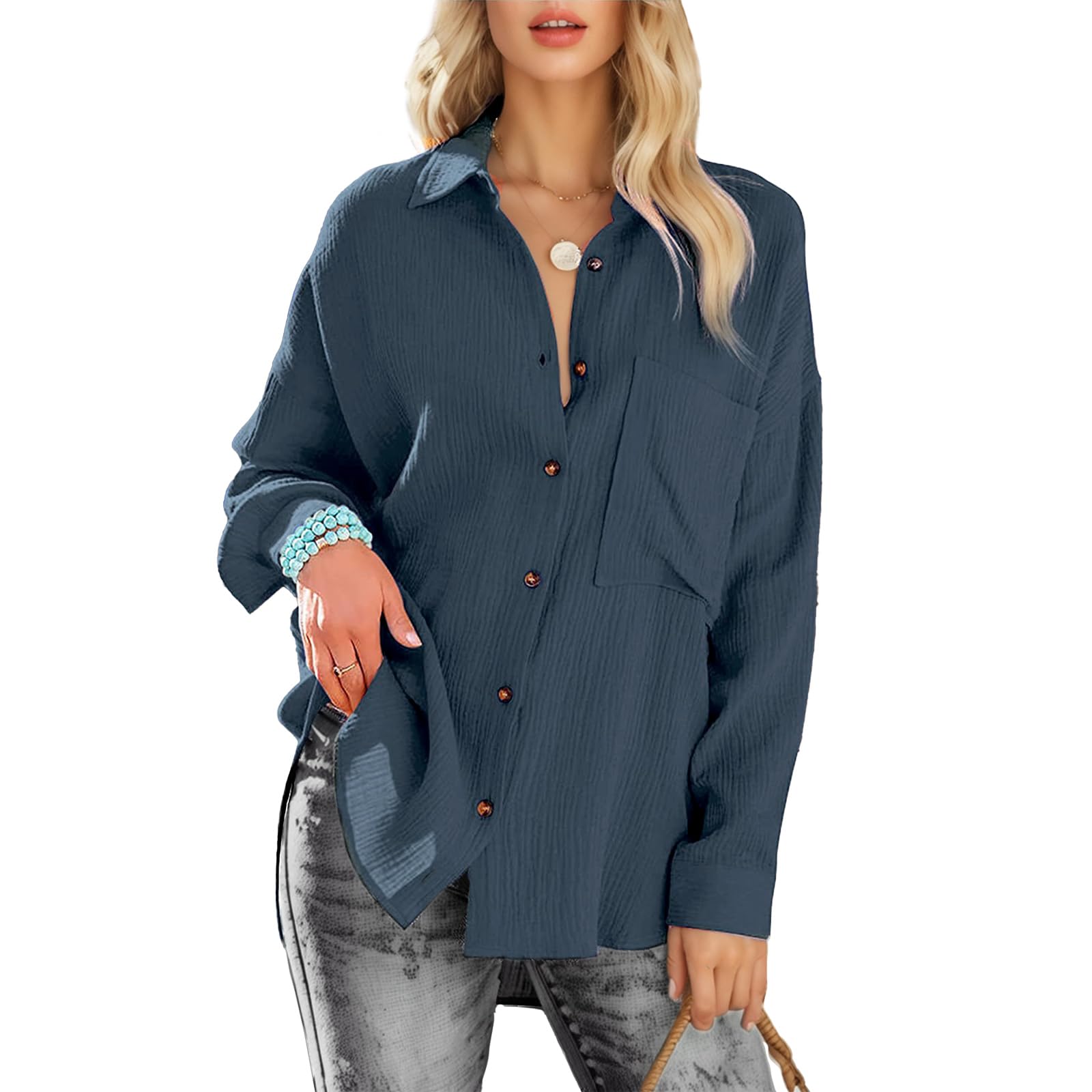 TANTOMI Bluse Damen Langarm,Damenblusen Elegant V-Ausschnitt Hemd Longbluse,Business Oberteile mit Knöpfen Tops Langarmshirt