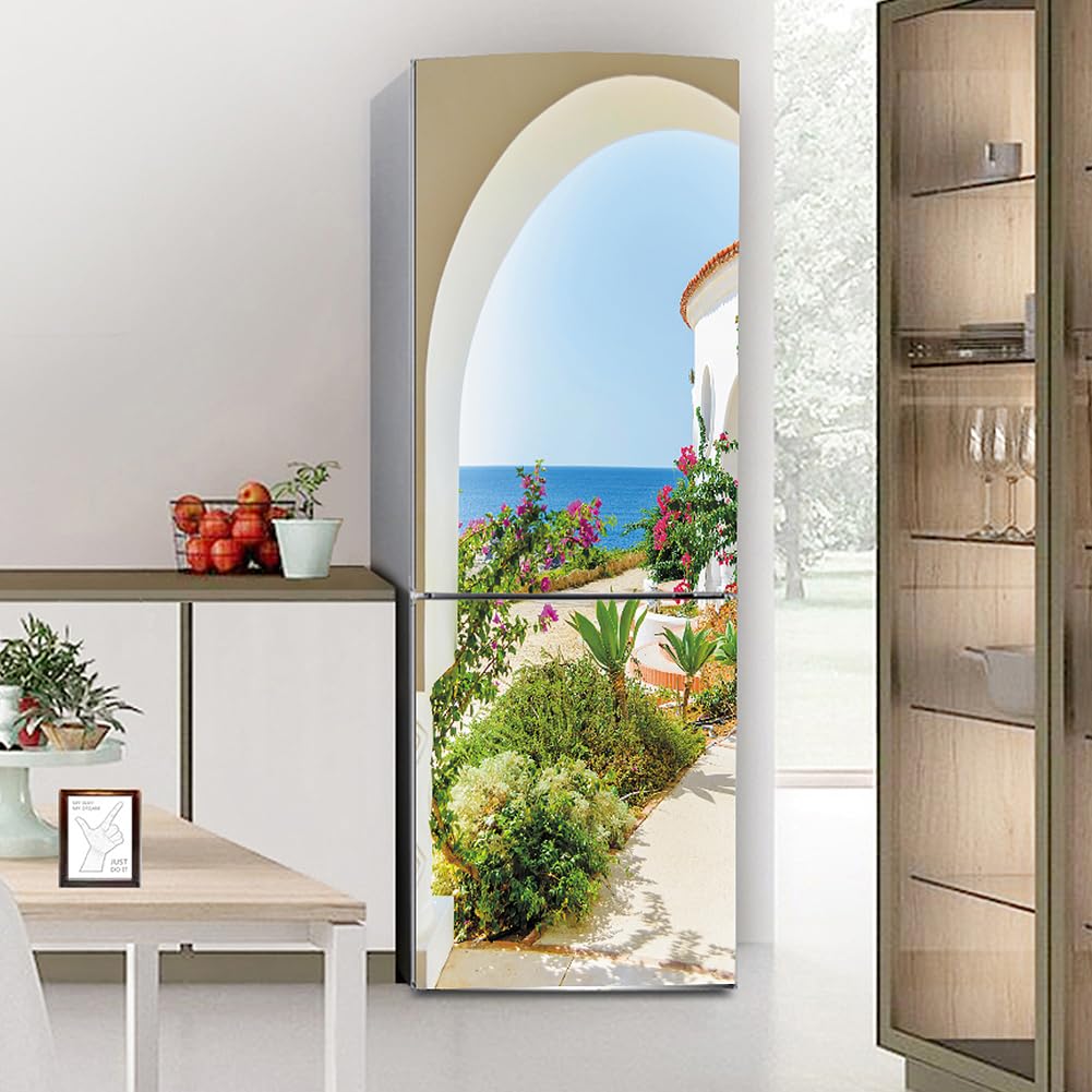 Fridge Stickers, Fridge Sticker Full Covering Door Covers Skins Wall Stickers for Kitchen Decal, Italian Island Sea View(S: 60x150 cm)