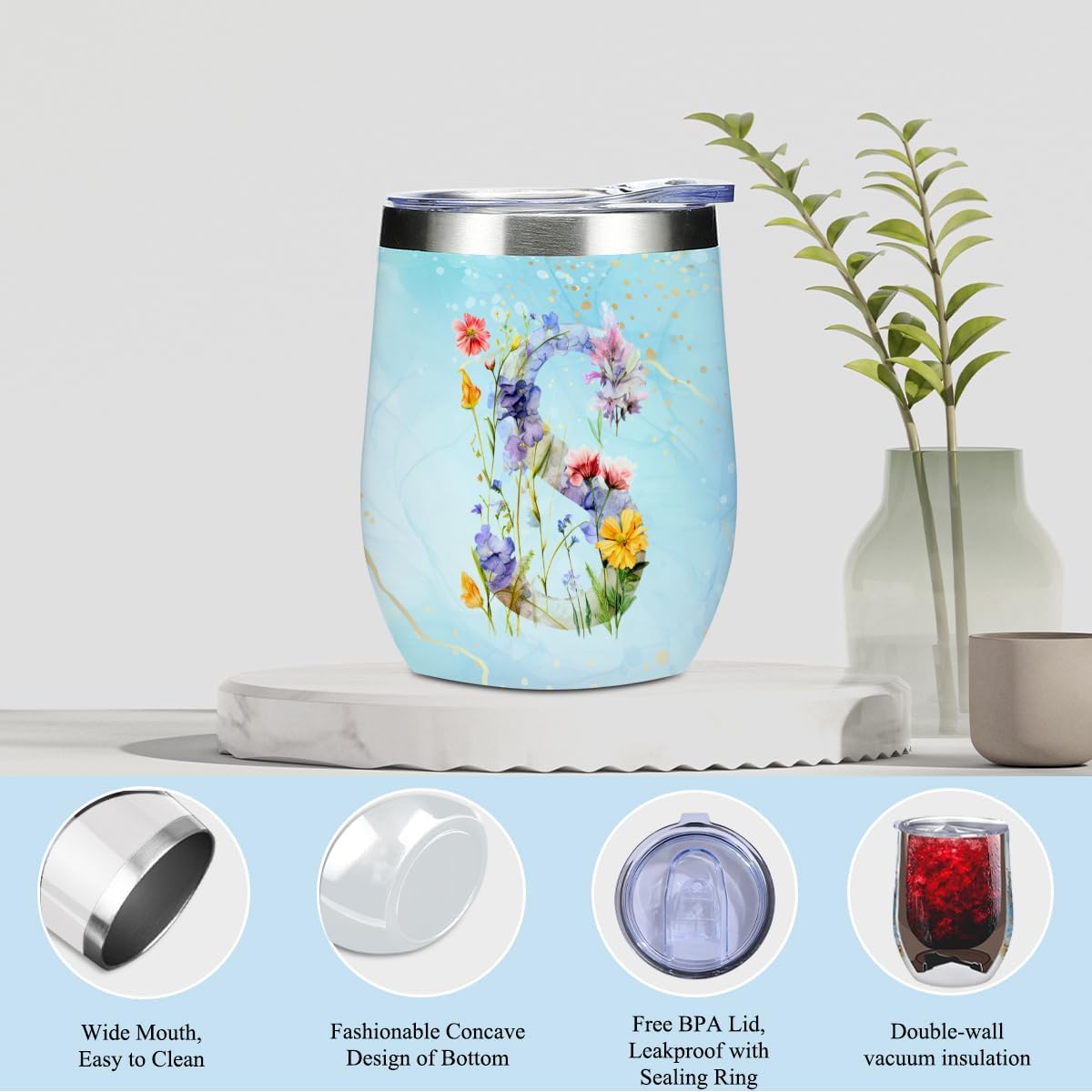 Personalized Gifts Monogrammed Birthday Gifts for Women, New Mom, Grandma Valentine's Day Thank You Christmas, Initial Wine Tumbler Makeup Bag Scented Candle Bracelet Set, (Aesthetic Blue Flower S) - Image 3