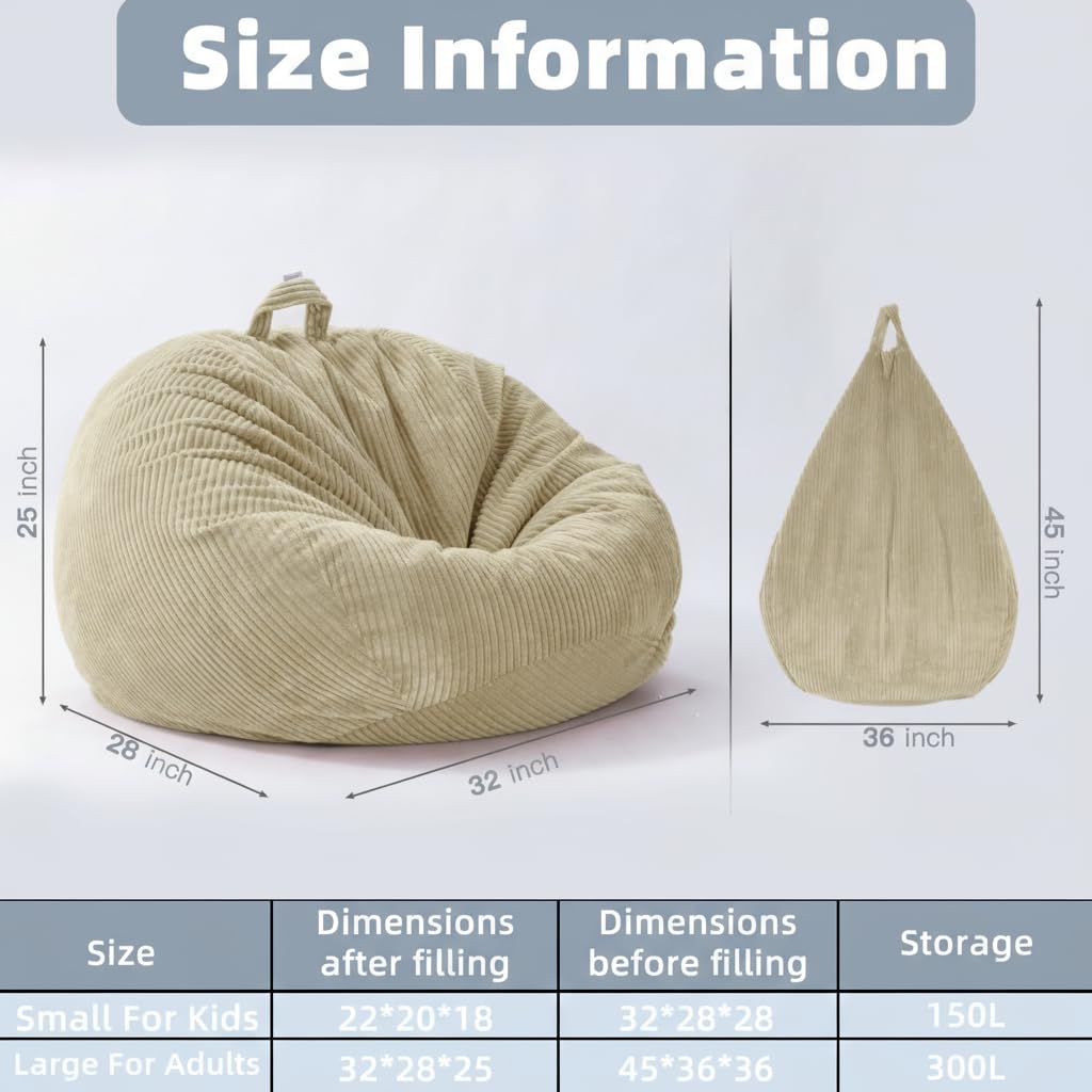 Photo 1 of ZhenLives Stuffed Animal Storage Bean Bag Chair Cover, Cover Only (No Filler), Corduroy Toy Organizer Floor Cushion Seat, 48 in/120 cm Slipcover for Teens & Adults, White