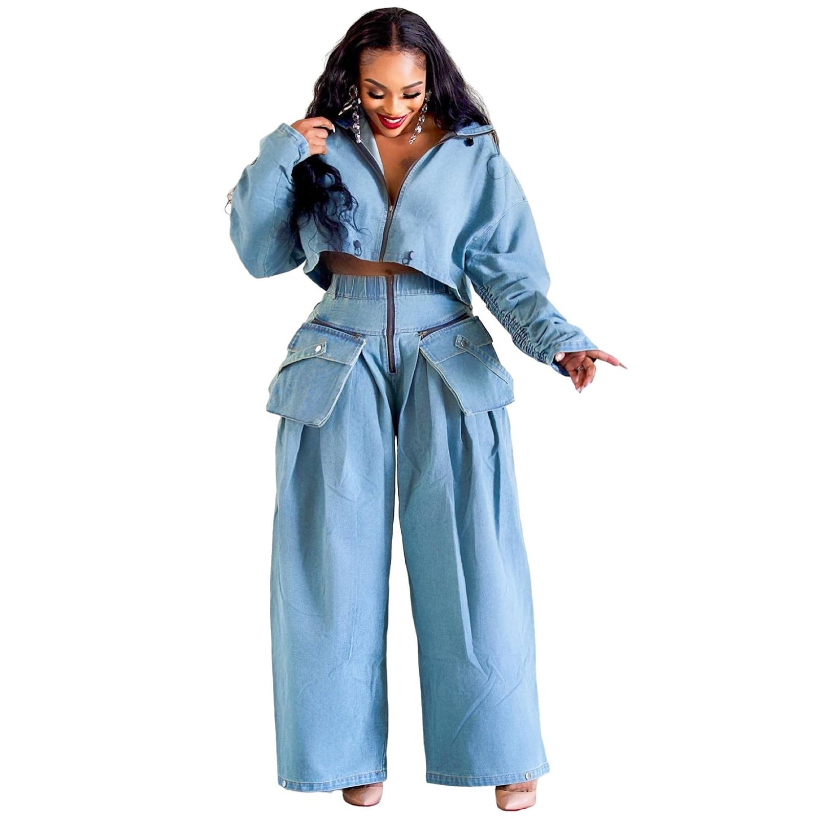 HGKPFGTF Womens Fall 2 Piece Outfits Zip Up Long Sleeve Crop Jean Jacket Wide Leg Cargo Pants Suit Denim Set
