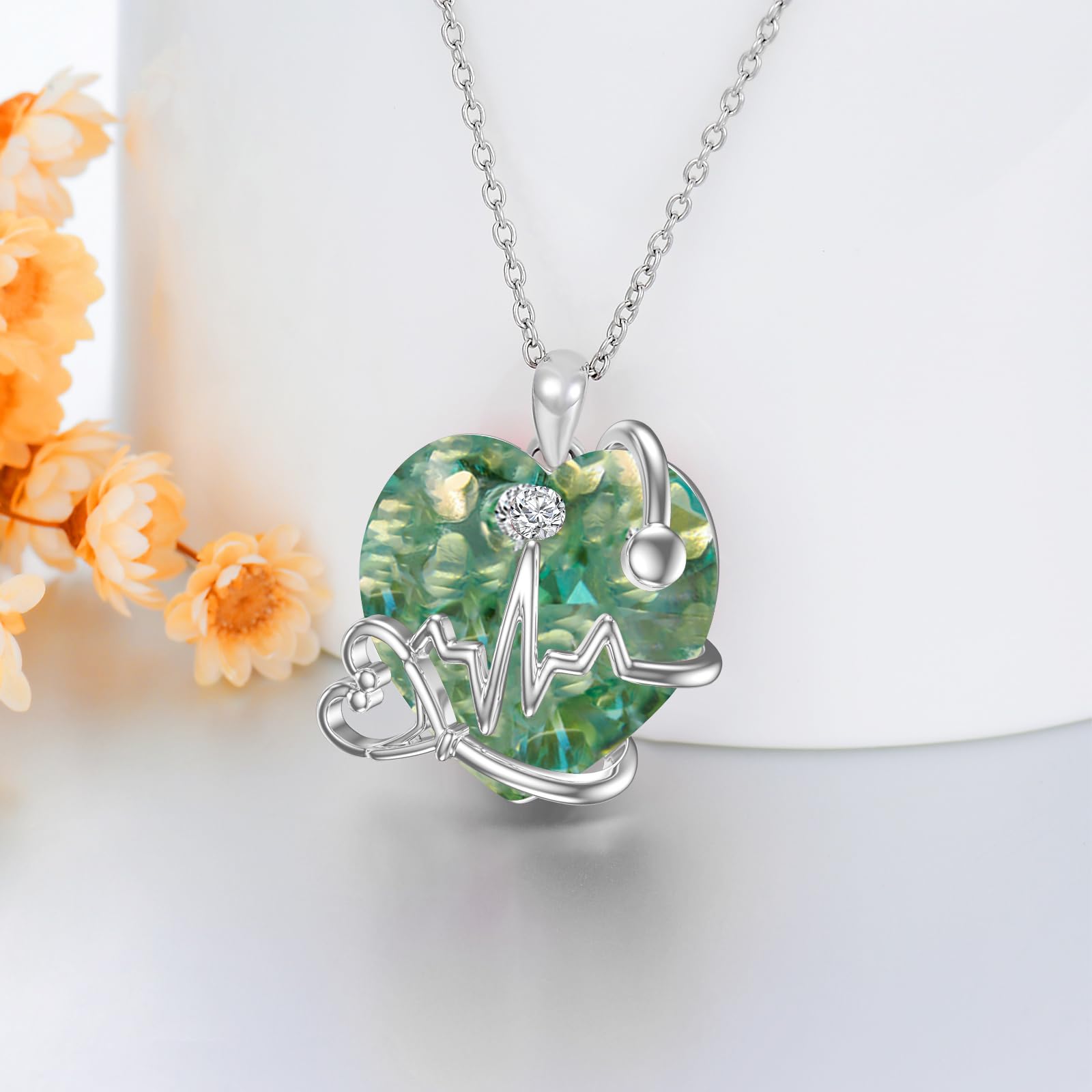 TOUPOP Stetoscopio collana da donna in argento, regalo per donne verde, battito cardiaco, regalo per studentessa, infermiera, laurea, compleanno, regalo di Natale, Argento sterling