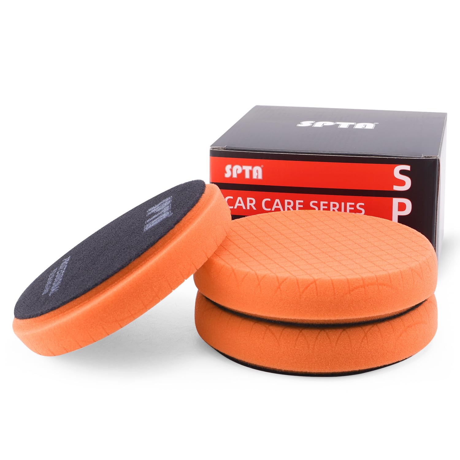SPTA 3tlg Orange T40 Polierschwamm mit Mittlerer Schnitt, 125mm Polierschwämme Wachs Schwämme Auto Polierpad Polieren Pad, Polierschaum Set für Exzenter Poliermaschine Schleifmaschine Profiset