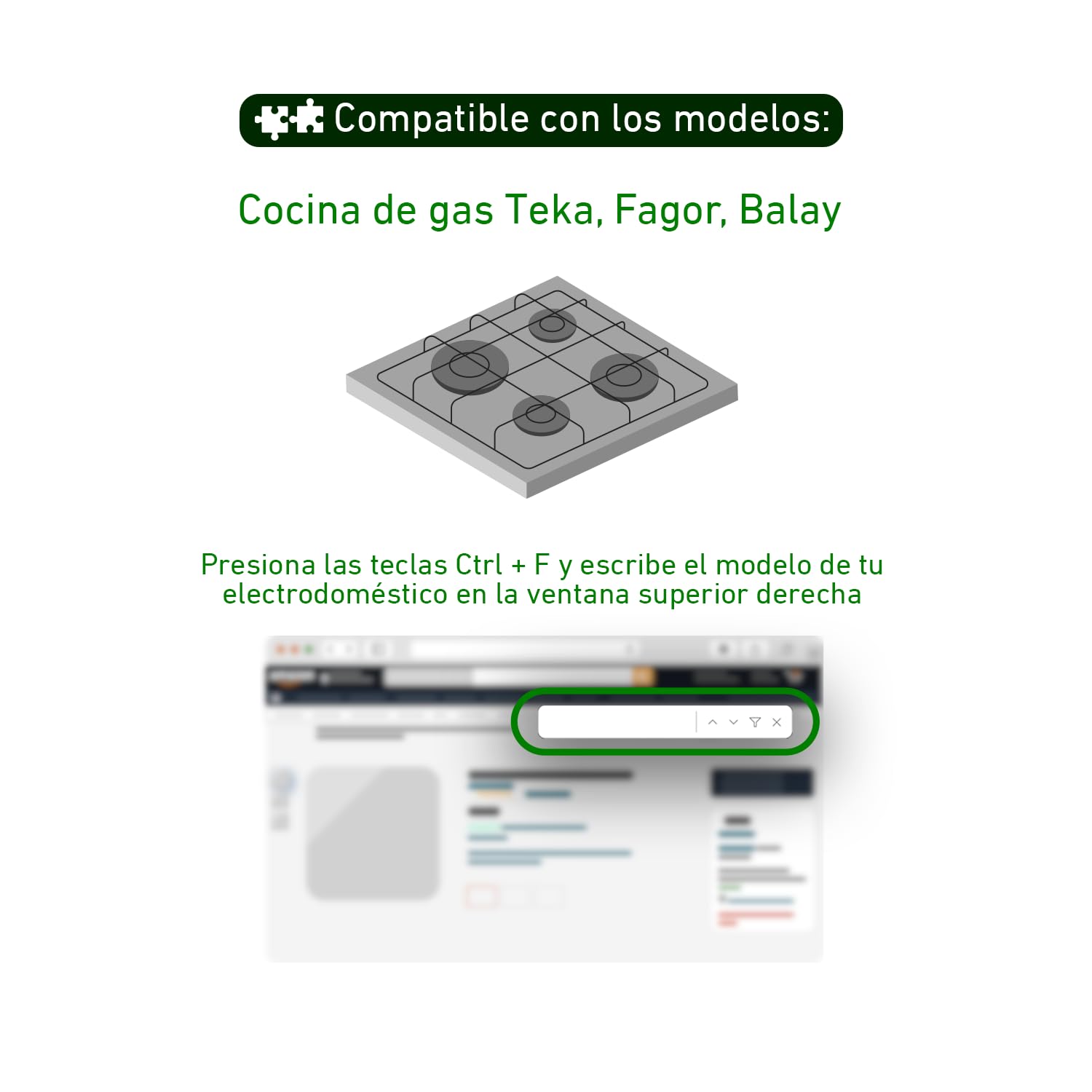 Conjunto 4 quemadores/fuegos con base compatible con cocina de gas Teka, Fagor, Balay