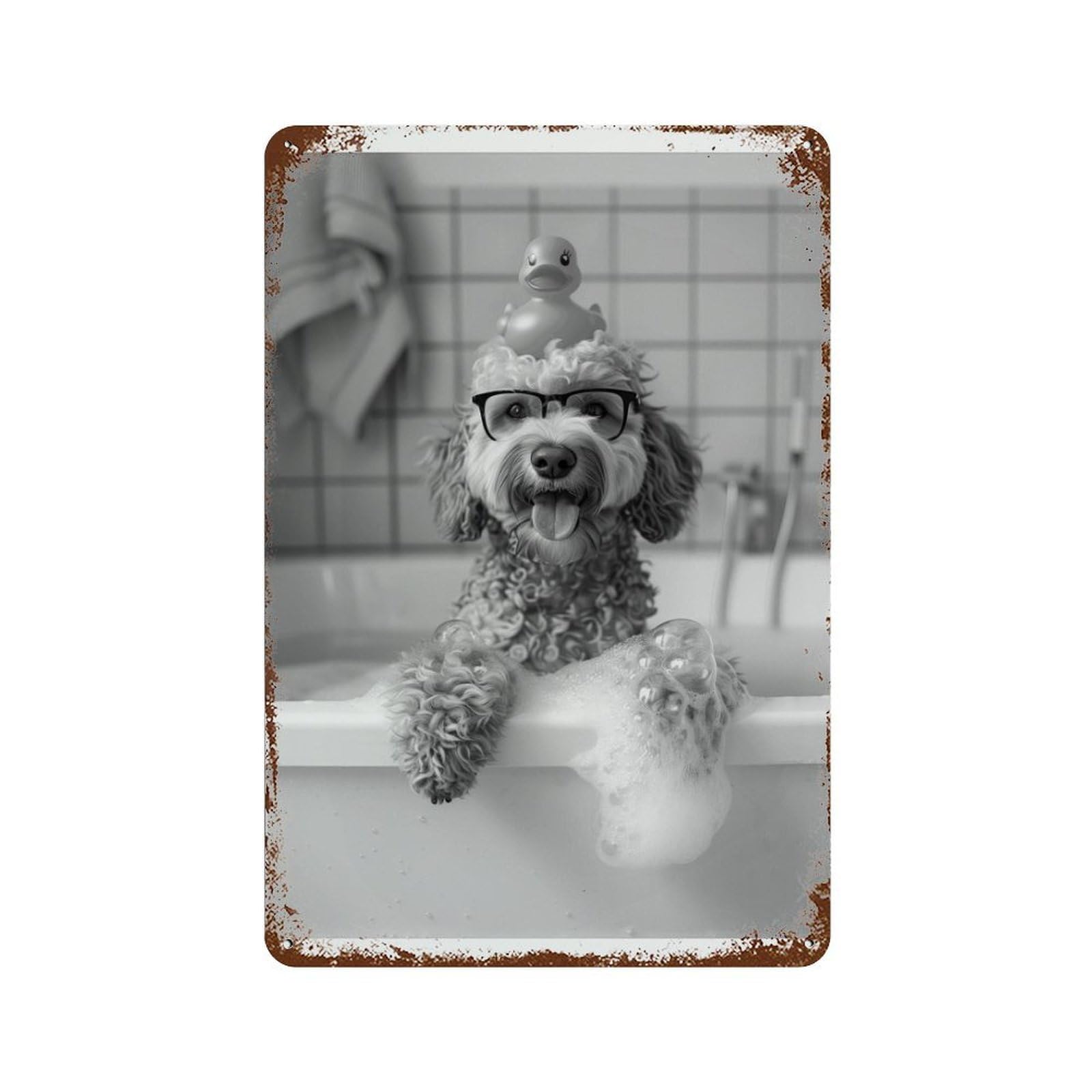 xiaoxiaoshen Goldendoodle Bath Dog in Bathtub Funny Doodle Wall Decor Art Metal Tin Poster Modern Home Decor Art Home Bar Shop Decorations Vintage Sign 30x20cm
