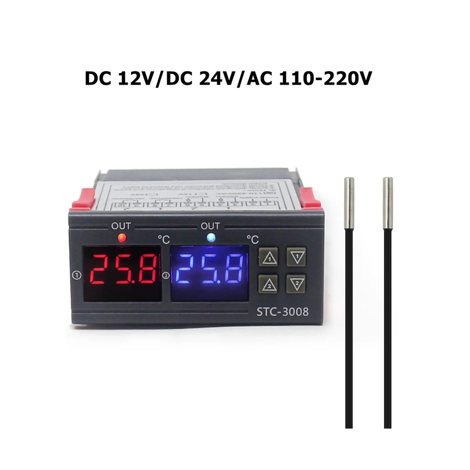 Sterownik temperatury STC-3008 KT99 Cyfrowy regulator temperatury podwójny termostat termoregulacyjny z dwoma wyjściami przekaźnikowymi 12 V 24 V 220 V z grzałką i chłodnicą(DC 12 V)