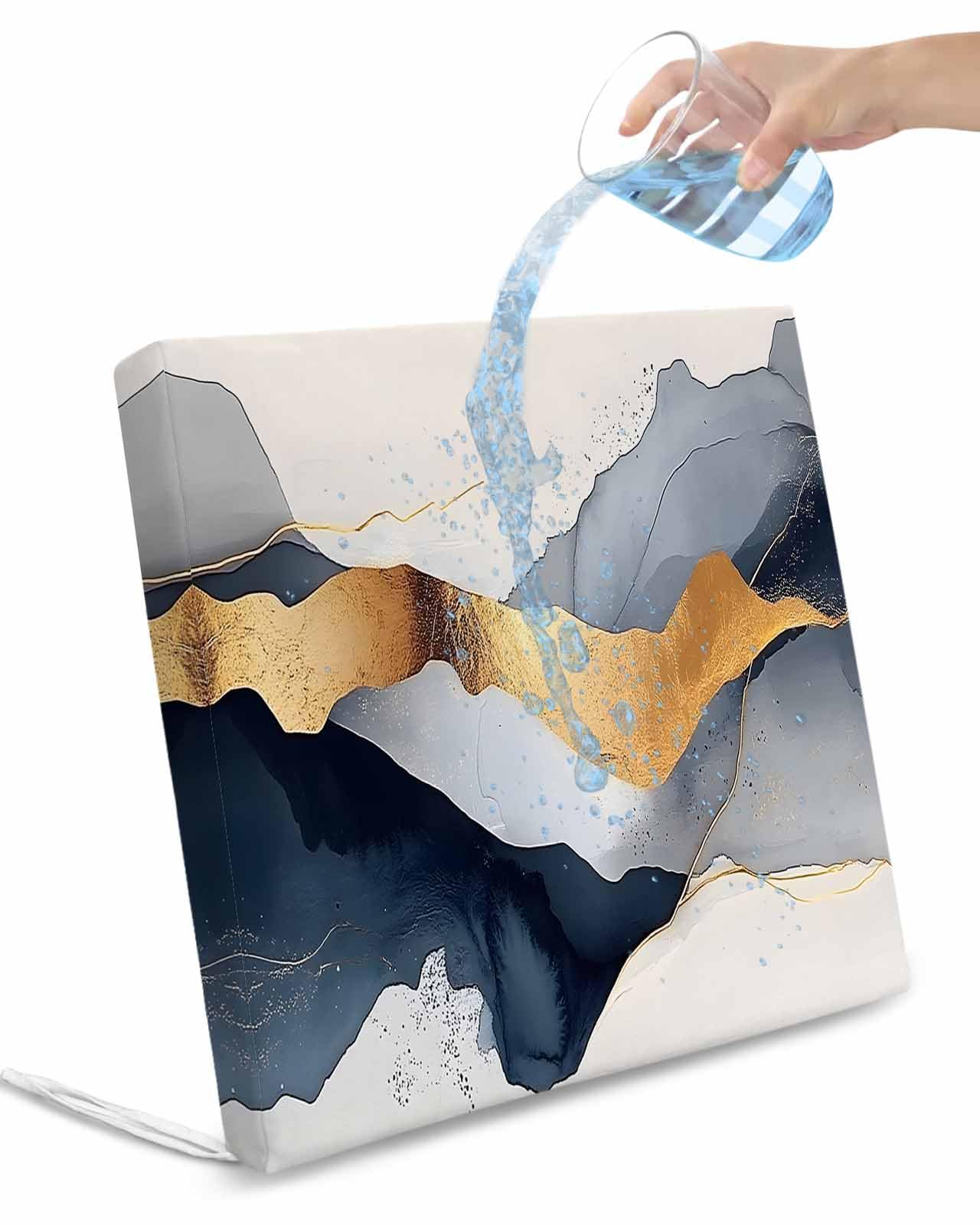 2 Pack Blue Gold Marble Waterproof Cushion Covers with Ties, Outdoor Patio Chaise Lounge Chair Seat Cushion Slip Covers Replacement(Only Cover) Farmhouse Abstract Mountain Art 22