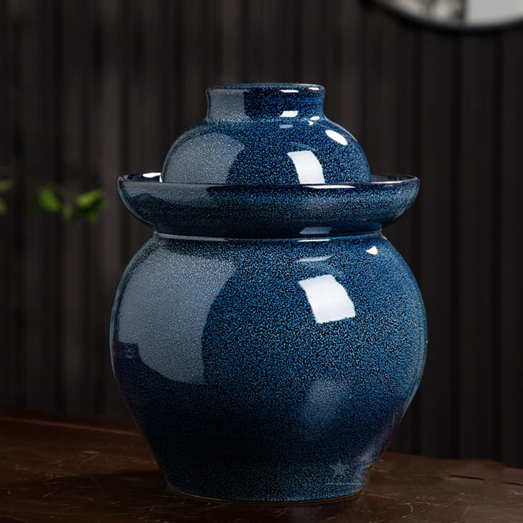 Blaues Retro-Einmachglas aus Keramik mit Deckel, großes traditionelles chinesiscchinesisches Fermentationsset, Topf mit wasserdichtem Luftschleusendeckel, Fermentationsglas für Kimchi, 10 kg