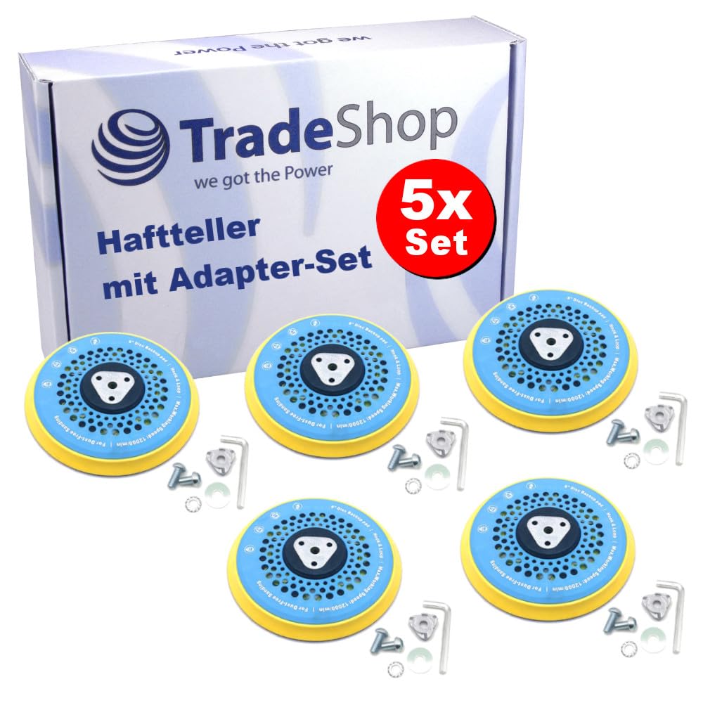 Trade-Shop - Juego de 5 placas de lija con cierre autoadherente, 150 mm de diámetro, M8 de 5/16 pulgadas, rosca de 12000 rpm, juego de adaptadores para muchas lijadoras excéntricas