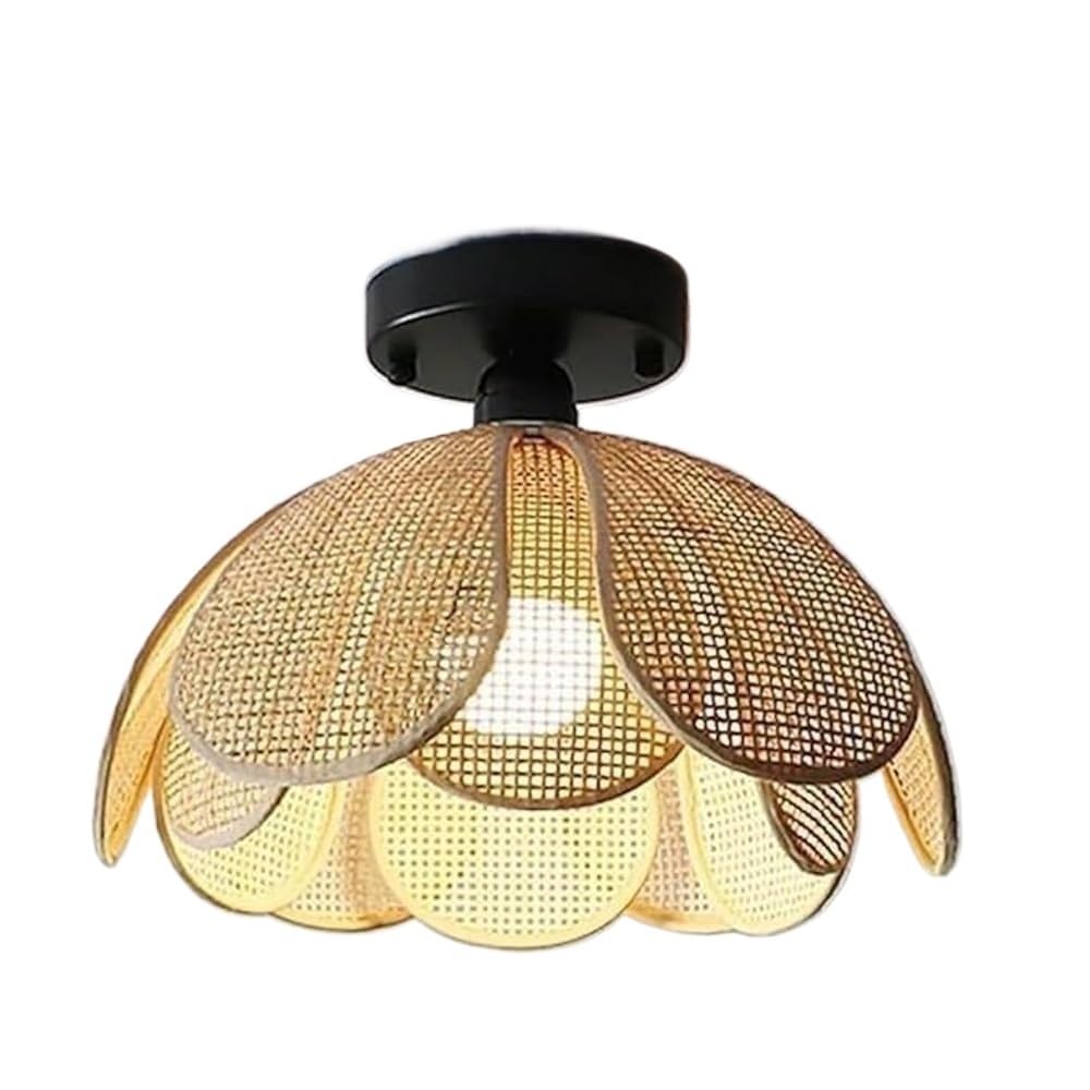 LUOYAOB Modern Rattan Woven Flower Petal Ceiling Lights Black Iron Base Semi Flush Mount Ceiling Lamp Farmhouse Ceiling Light Fixture for Bedroom Living Room Hallway Entryway Balcony