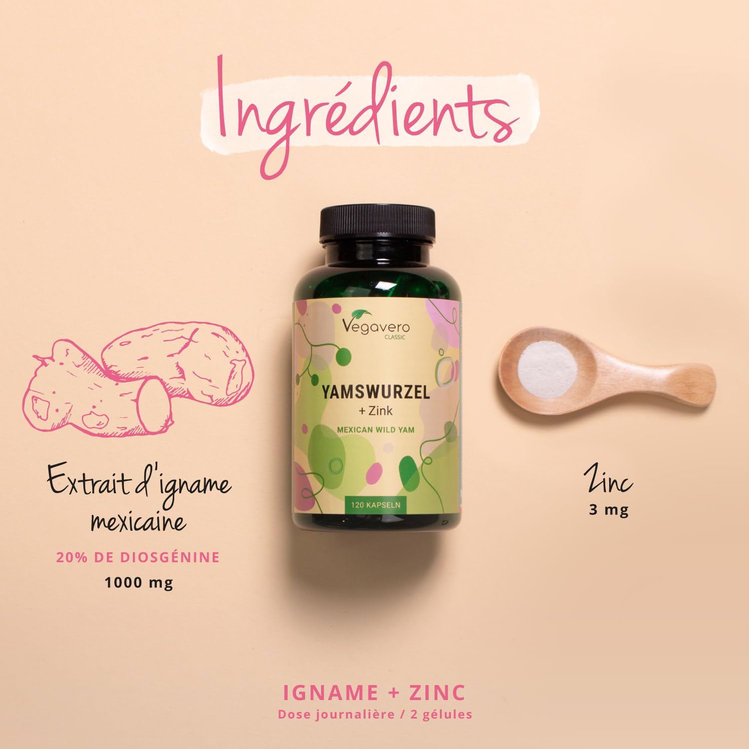 Igname Sauvage | Avec Zinc | Extrait Fortement Dosé : 1000 mg | 20% Diosgénine | 120 Gélules | SANS ADDITIFS et VEGAN | Vegavero®