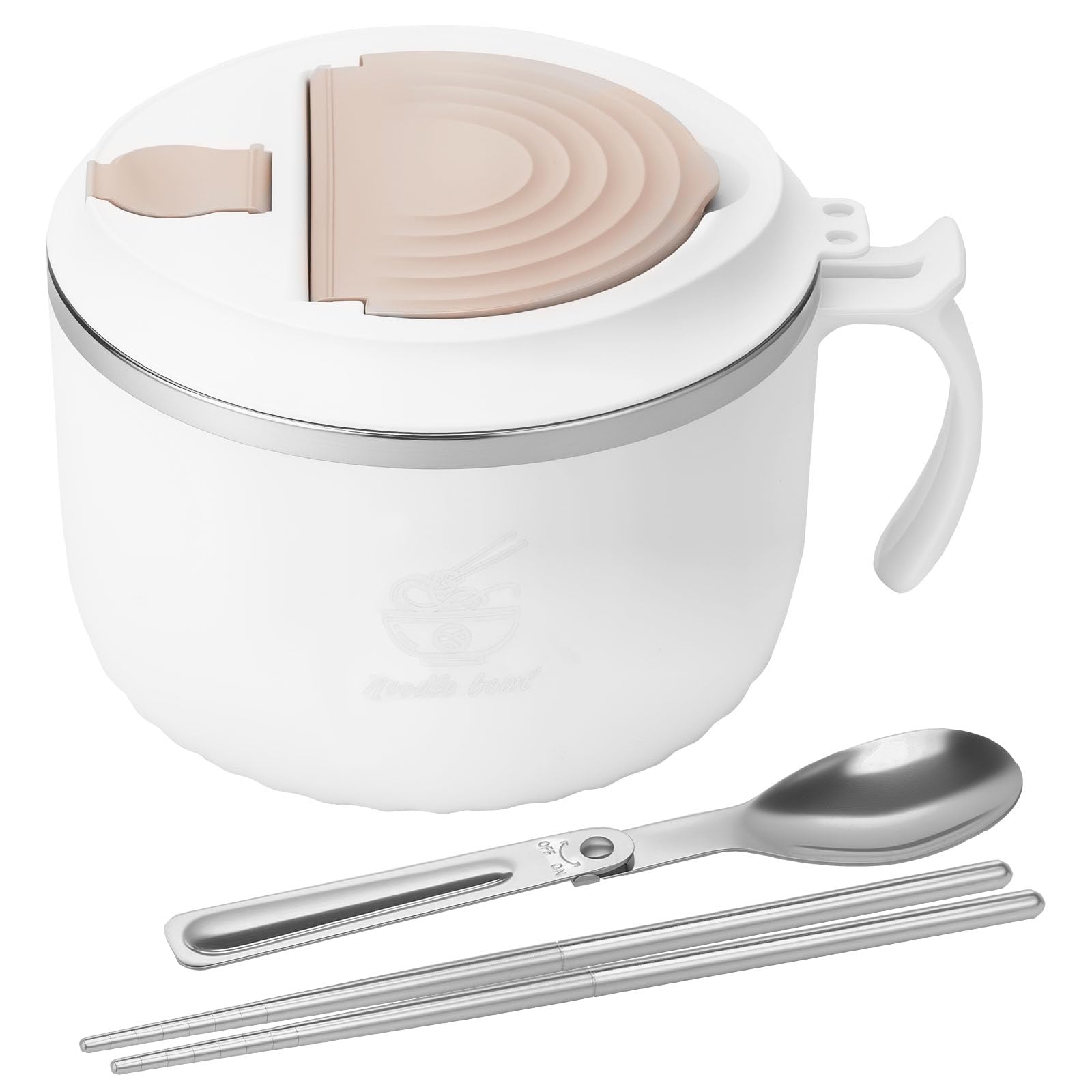 Gatphy 1600ml Rapid Ramen Bowl with Filterable Lid, 304 Stainless Steel Noodle Bowl Ramen Cooker, Microwave Noodle Bowl with Chopsticks and Spork Portable Soup Bowl for Dorm Home Office(White)