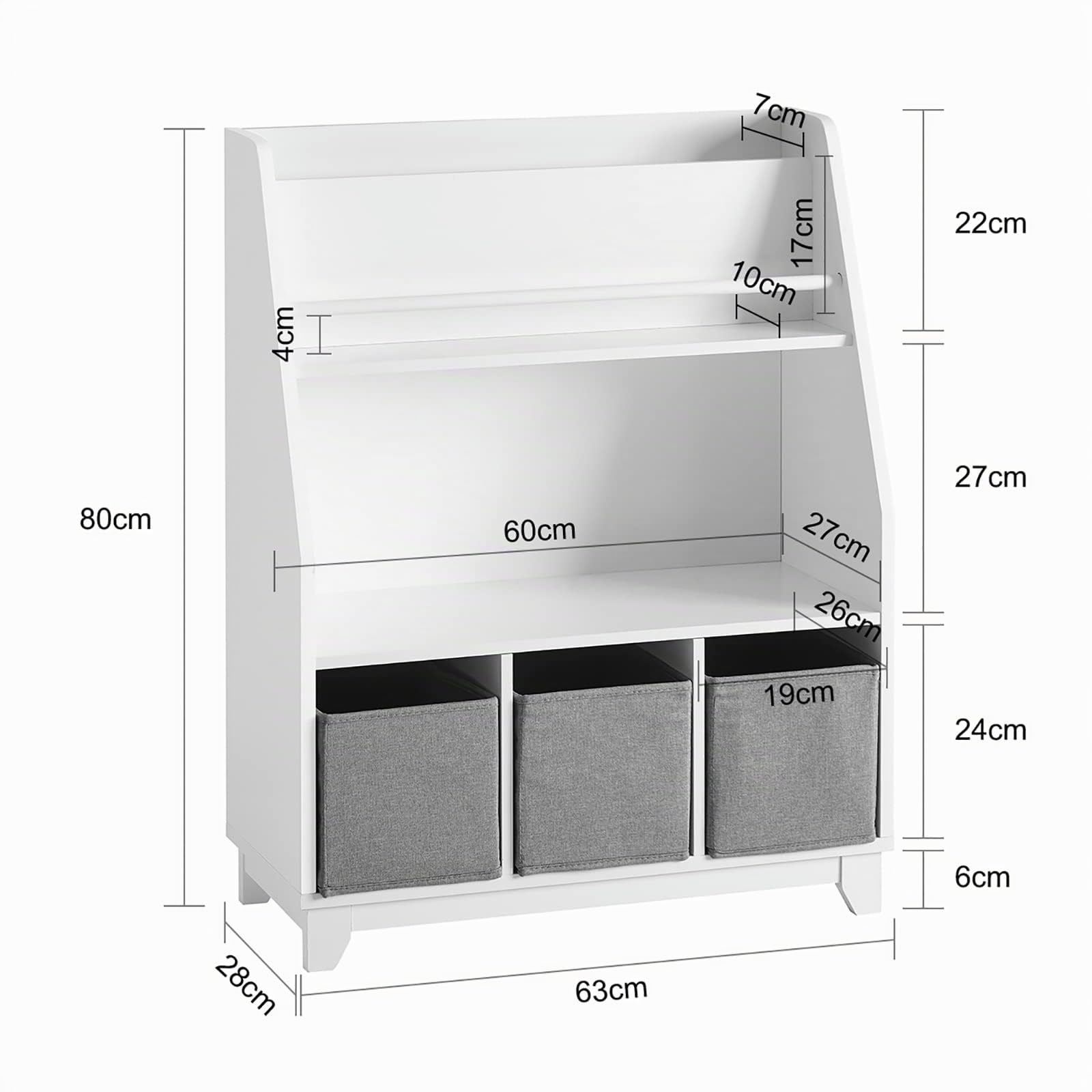 SoBuy Bibliothèque Enfant 3 Paniers Charge Max. 50kg 63x28x80cm | étagère livre avec compartiments et boîtes de rangement, MDF E1, pour chambre bébé KMB34-W