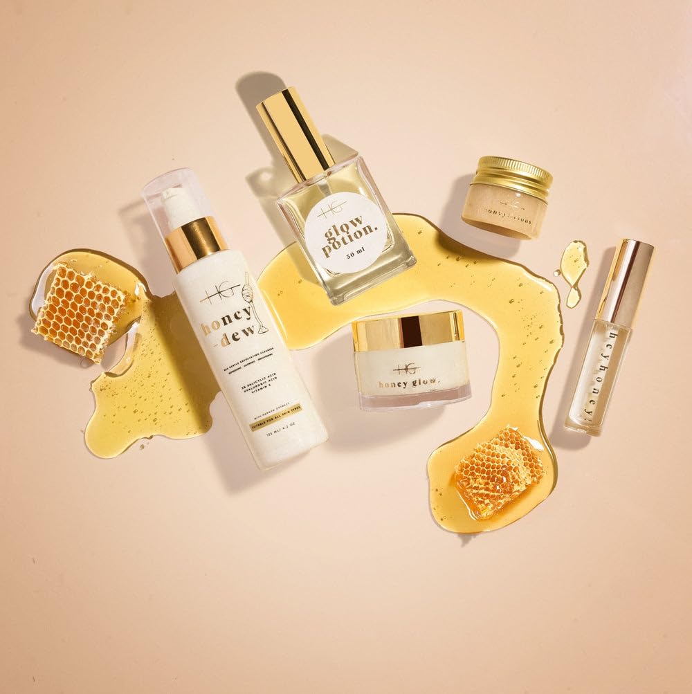 Bee-Loved Beauty Set – Glow Potion Trockenöl (50ml), HoneyGlow Feuchtigkeitsspendende Creme (50ml), Honeylicious Lip Scrub (20ml), HeyHoney! Lip Serum (10ml) & HoneyDew Reinigungsgel