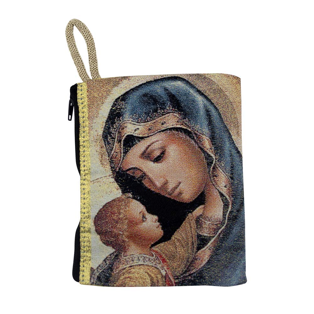 VILLAGE GIFT IMPORTERS 5" Tapestry Pouch with Traditional Catholic Art | Perfect for Rosaries and Small Trinkets | Christian Home Goods (Madonna and Child 2)
