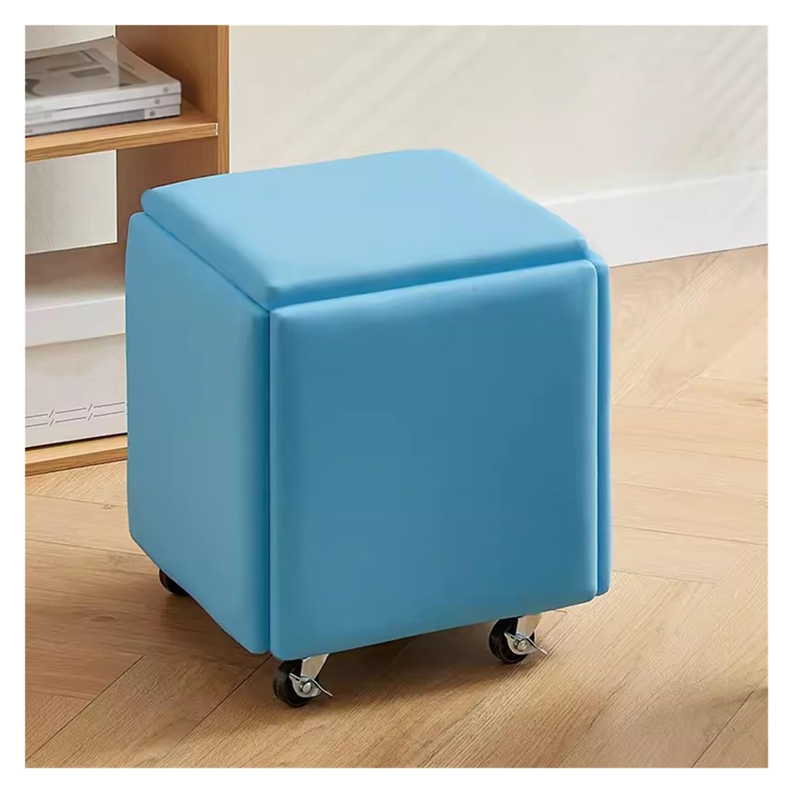 WDSOPK Moveable Stool Cubes 5 in 1 Seating Cube with Swivel Casters,Stackable Sofa Chair Stools Nesting Ottoman Stool,Leather Cube Chair Vanity Stool with Metal Legs（Blue）