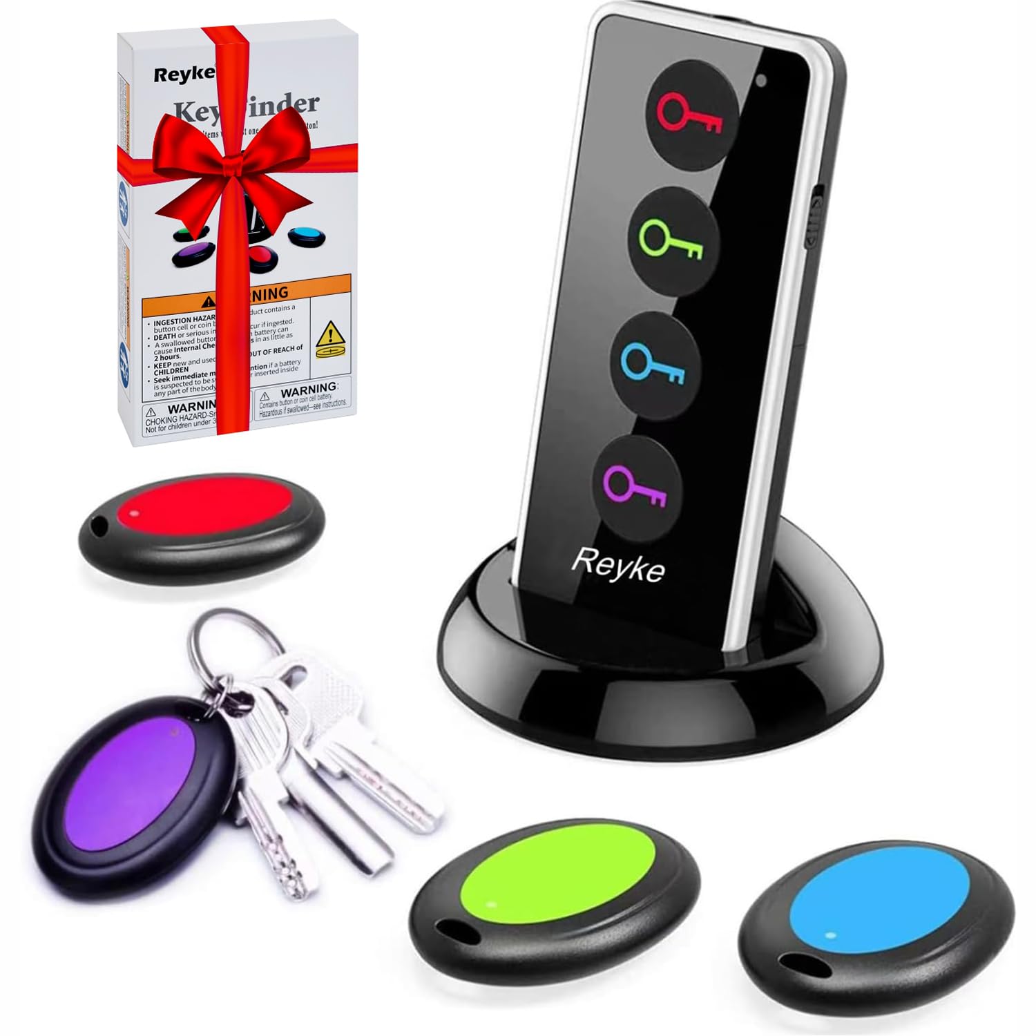 Reyke Schlüsselfinder Key Finder,Remote Finder Drahtloser RF-Gegenstandsfinder mit LED-Taschenlampe für Schlüssel, Brieftasche, Telefon und Haustier-Tracker (RF-Sender, 4 Empfänger)