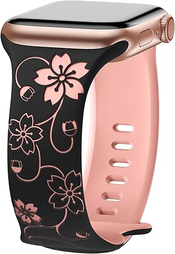 Correa con grabado de flores compatible con correas de Apple Watch de 1.496 pulgadas, 1.575 pulgadas, 1.614 pulgadas, para mujeres y hombres, Correa con grabado de flores compatible con correas de Apple Watch de 1.496 pulgadas, 1.575 pulgadas, 1.614 pulgadas, para mujeres y hombres,