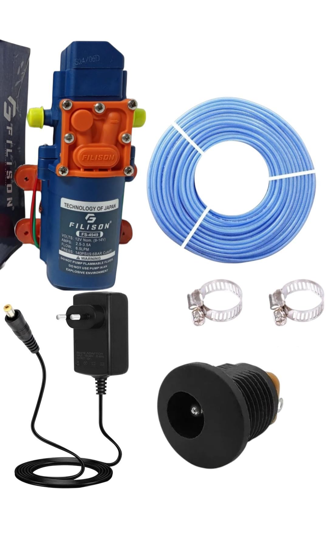 DC 12V 80W Micro Electric Diaphragm Water Pump High Pressure Car Washing Spray Automatic Switch and Adapter DC Power Supply 140 PSI PUMP with PIPE