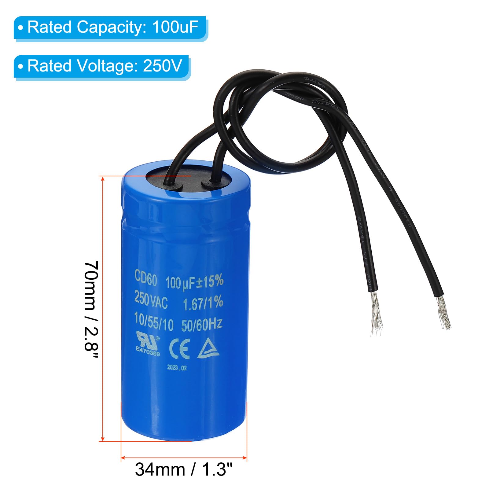 PATIKIL CD60 Przekładnia Kondensator, 100uF 250 VAC 2 Przewody 50/60 Hz Silnik Start Kondensator do sprężarki powietrza Funkcja uruchamiania silnika