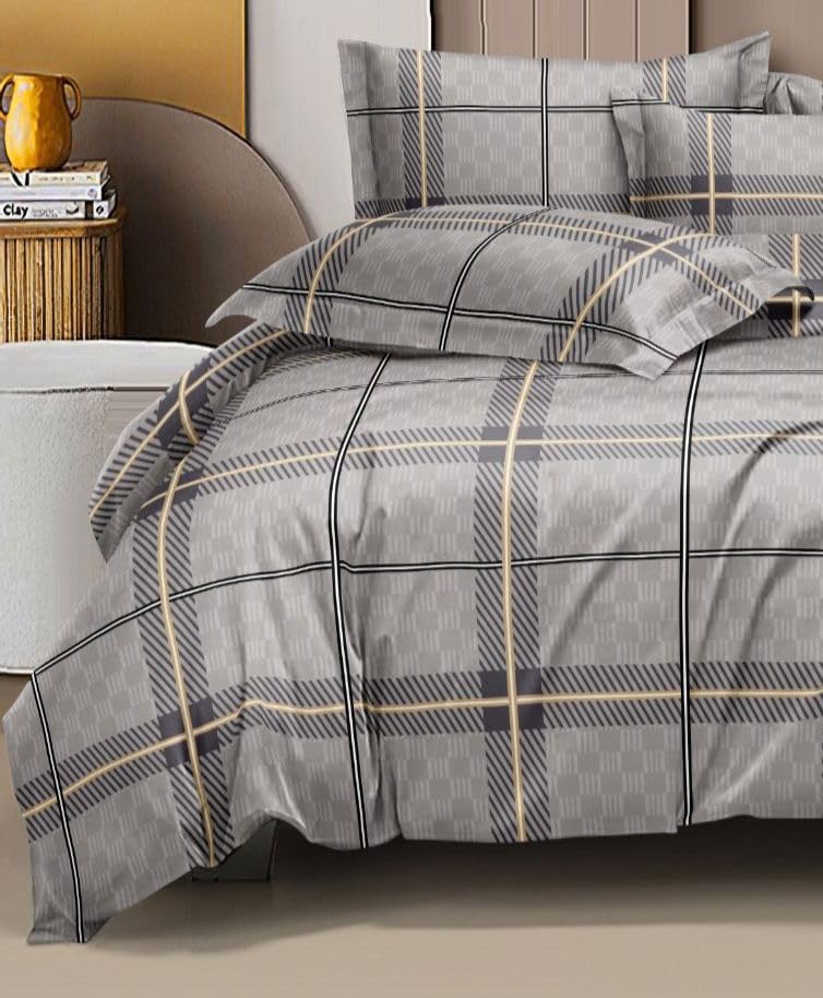 Image of Castiqa 400 TC Cotton Feels All Over Elastic Fitted Bedsheet Set Perfect Upto 10inch Mattress with 2 Matching Pillow Covers Size-18x28inch (King Size 72x78, Grey Check)